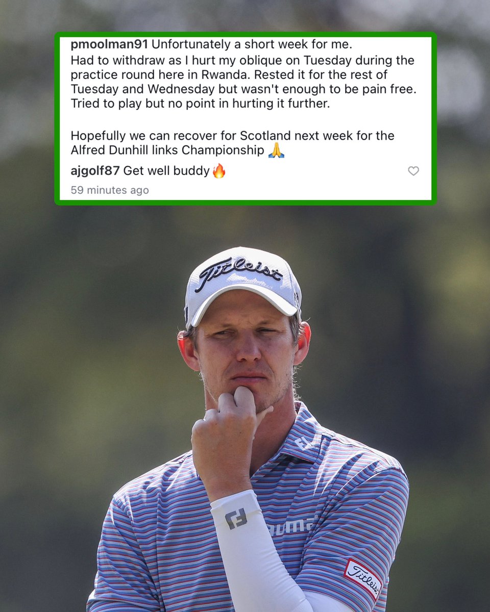 Sunshine_Tour's tweet photo. Pieter Moolman has shared an update following an injury sustained during his practice round ahead of the #RwandaOpen

Unfortunately, the injury means he will not be continuing in this week’s tournament. We wish him a speedy recovery and hope to see him back on the course soon. 🙏⛳️