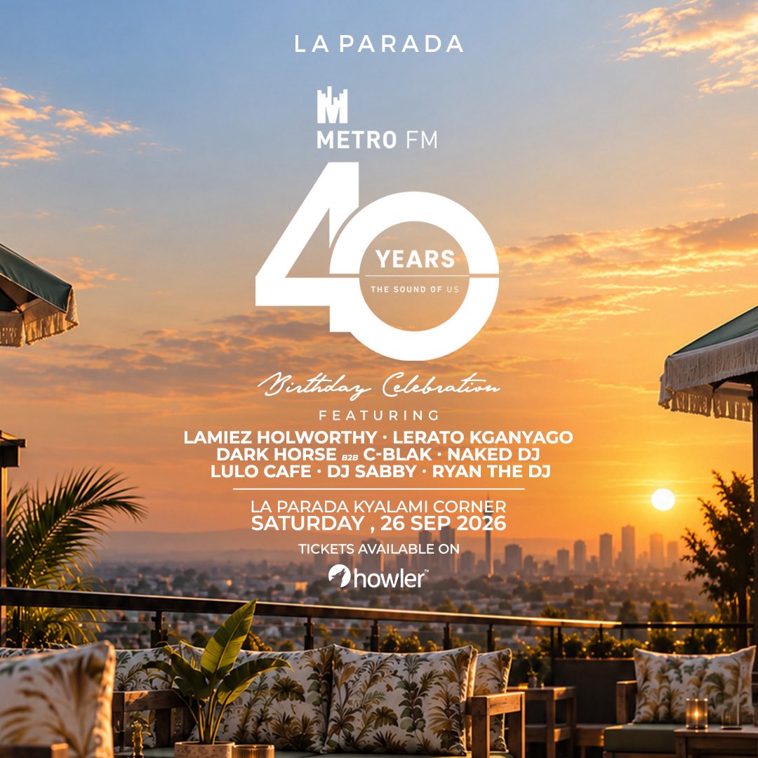 METROFMSA's tweet photo. WE’RE TURNING UP! 40 YEARS OF METRO FM deserves a BIG celebration! 

We’re taking over La Parada on the 26th of September — and YOU need to be there! Join us as we celebrate 40 years of music, culture and connection. 

📍 La Parada, Kyalami Corner 
📅 Saturday, 26 September
🎟️ Tickets and table packages are available now at Howler -> https://t.co/u3SFisb93e 

#METROFM40 #TheSoundOfUs