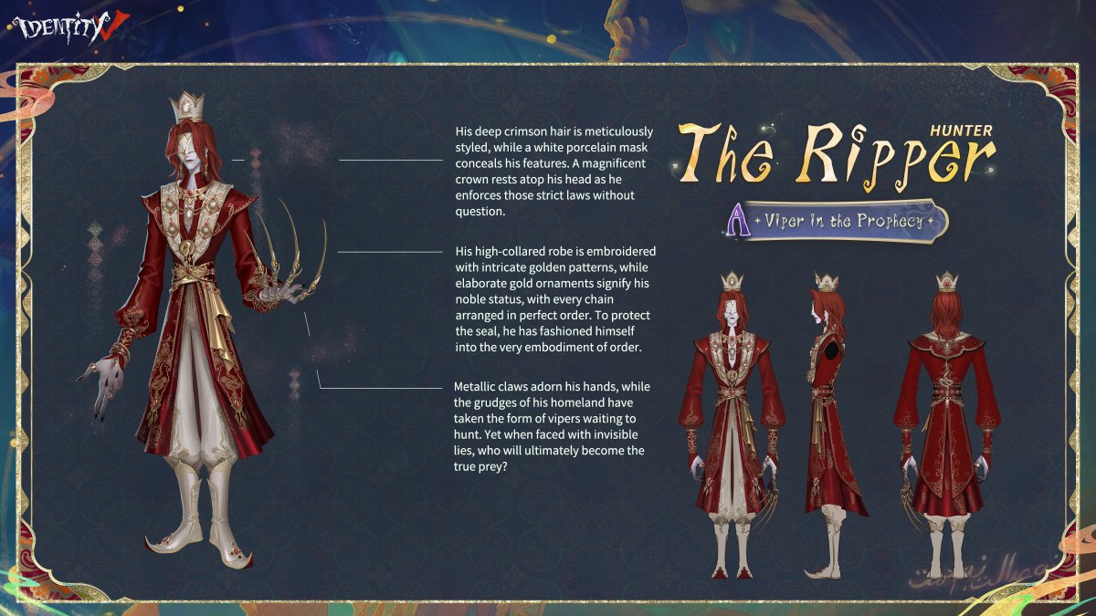 GameIdentityV's tweet photo. Dear Visitors,
Front, side, and back—take in every detail of these stunning Costumes design. 
Which detail caught your eye first? 👀
The new Survivor "Prodigy’s" Limited S Costume, along with new A Costumes for Grave Keeper and The Ripper, will arrive on September 30!
#IdentityV #S44E2