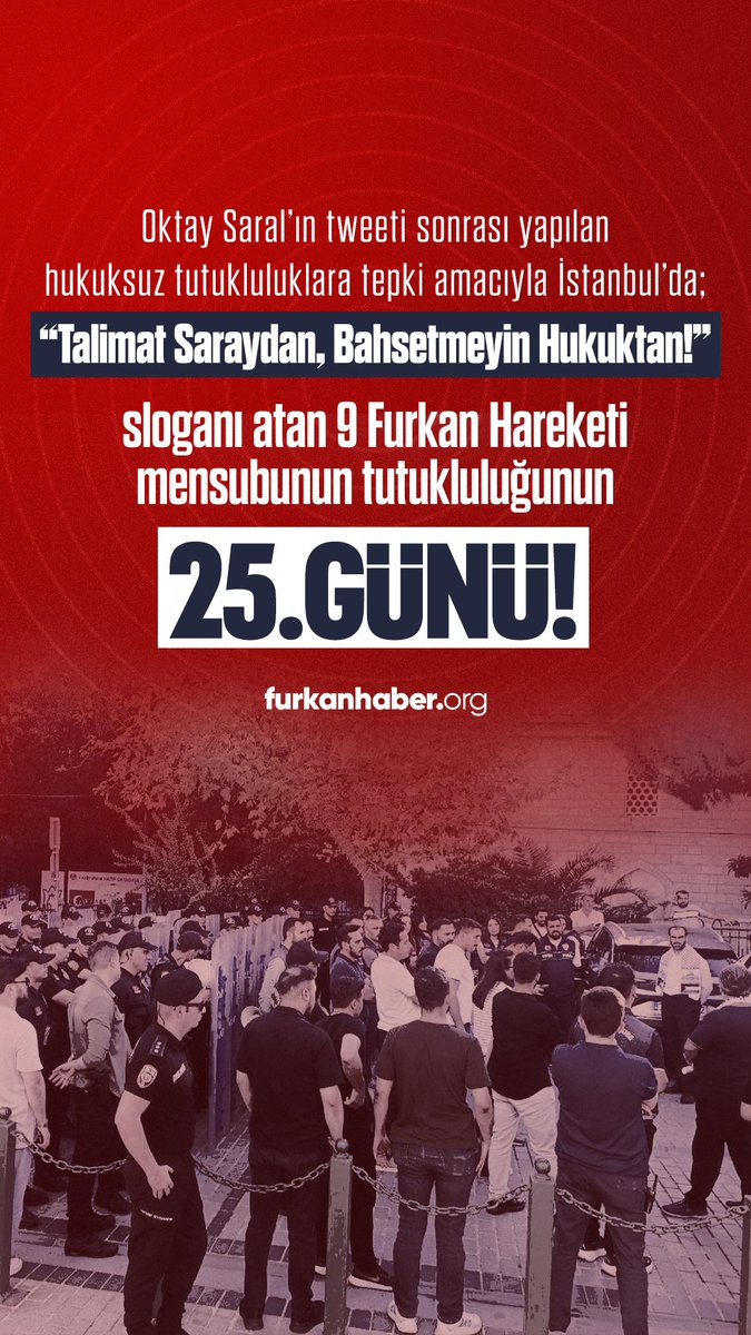 FH_Susmaz's tweet photo. Hukuk Garabeti Sürüyor❗️

Oktay Saral’ın tweeti sonrası yapılan hukuksuz tutukluluklara tepki amacıyla İstanbul’da; “Talimat Saray’dan, Bahsetmeyin Hukuktan!” sloganı atan 9 Furkan Hareketi mensubunun tutukluluğunun 25. günü!

#YargıEliyleZulüm
AkpDönemi ZulümDönemi
AlparslanHocaya Ozgürlük
