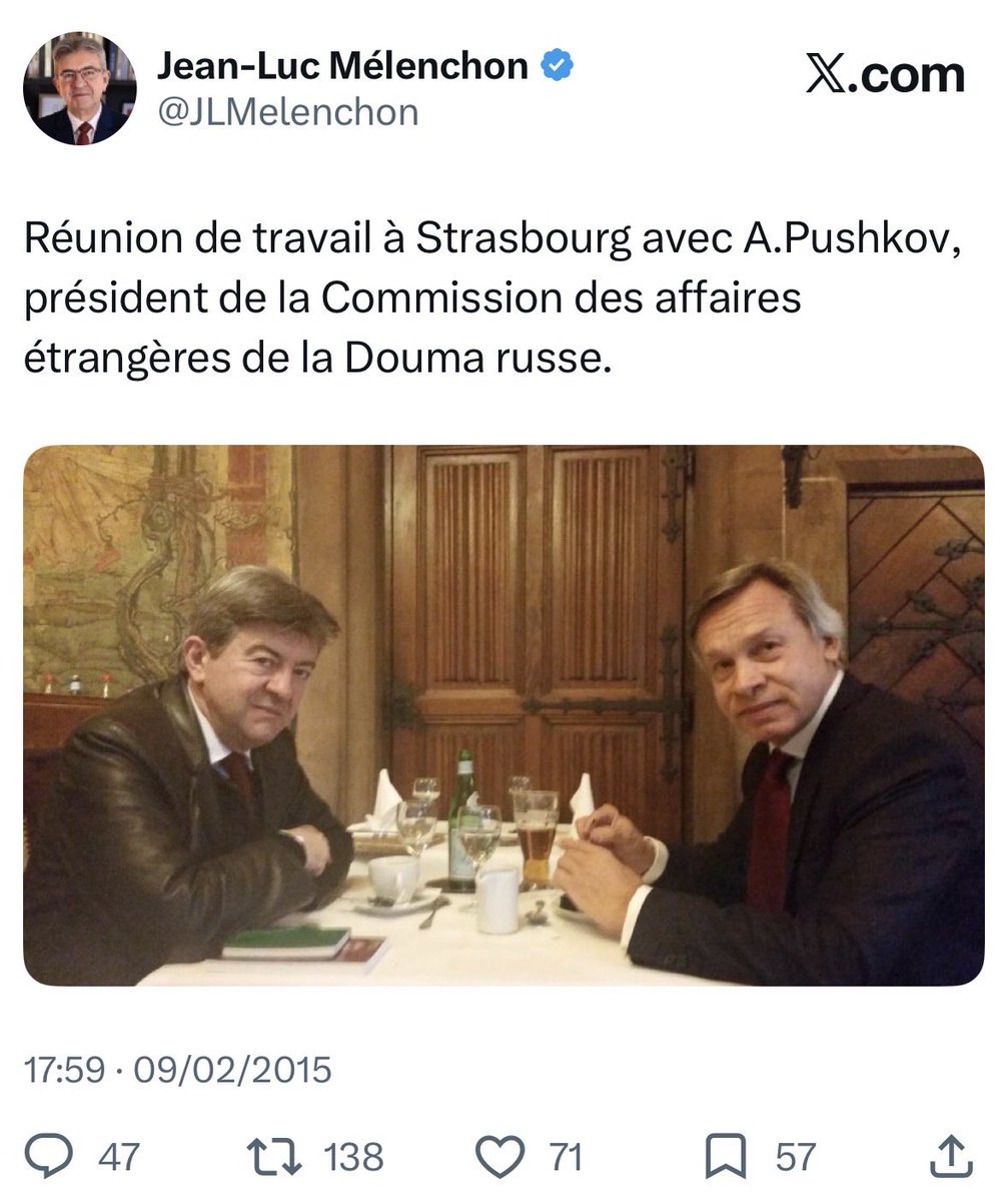 VLautard's tweet photo. Rappel :
- 2014 : la Russie envahi la Crimée en Ukraine
- 2015 : Mélenchon rencontre un député du parti de Poutine et le même jour, Mélenchon dénonce les « va-t-en-guerre contre la Russie » et prend position contre ce qu’il présente comme une « guerre » à la Russie. https://t.co/hAlhMVkirb