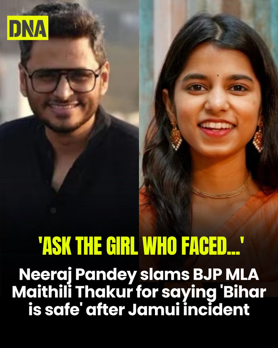 dna's tweet photo. After the Jamui incident, Bihar MLA Maithili Thakur defended the state's security, saying, "I am a daughter of Bihar, and I feel safe in Bihar." This remark fumed netizens and writer Neeraj Pandey. On Instagram, Neeraj (popularly known for Mrs Ramprasad Ki Tehrvi and Happy Patel) took to Instagram and criticised the BJP MLA for making an insensitive statement against the backdrop of such an inhumane activity. He wrote, "Good for you. Par sabka Bihar ek hi Bihar nahi hai (There isn't one Bihar for everyone). Not everyone who grew up there got to say that."

Read here :https://t.co/cIywxz9dna

#NeerajPandey #MaithiliThakur #BiharNews #JamuiIncident #DNAUpdates