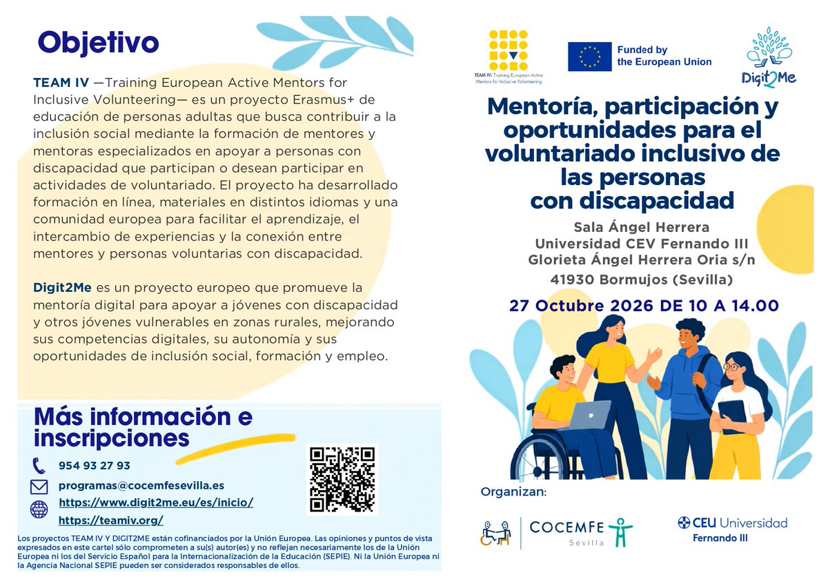 COCEMFESEVILLA's tweet photo. Llega la jornada «Mentoría, participación y oportunidades para el voluntariado inclusivo de las personas con discapacidad». 
🗓️ Martes 27 OCT | 10:00 h
📍 Sala Ángel Herrera - @CEUAndalucia (Sevilla)
☕ Networking + Mesas de trabajo
💥 ��Aforo limitado! Inscríbete con el código QR https://t.co/ozUclNiMf6