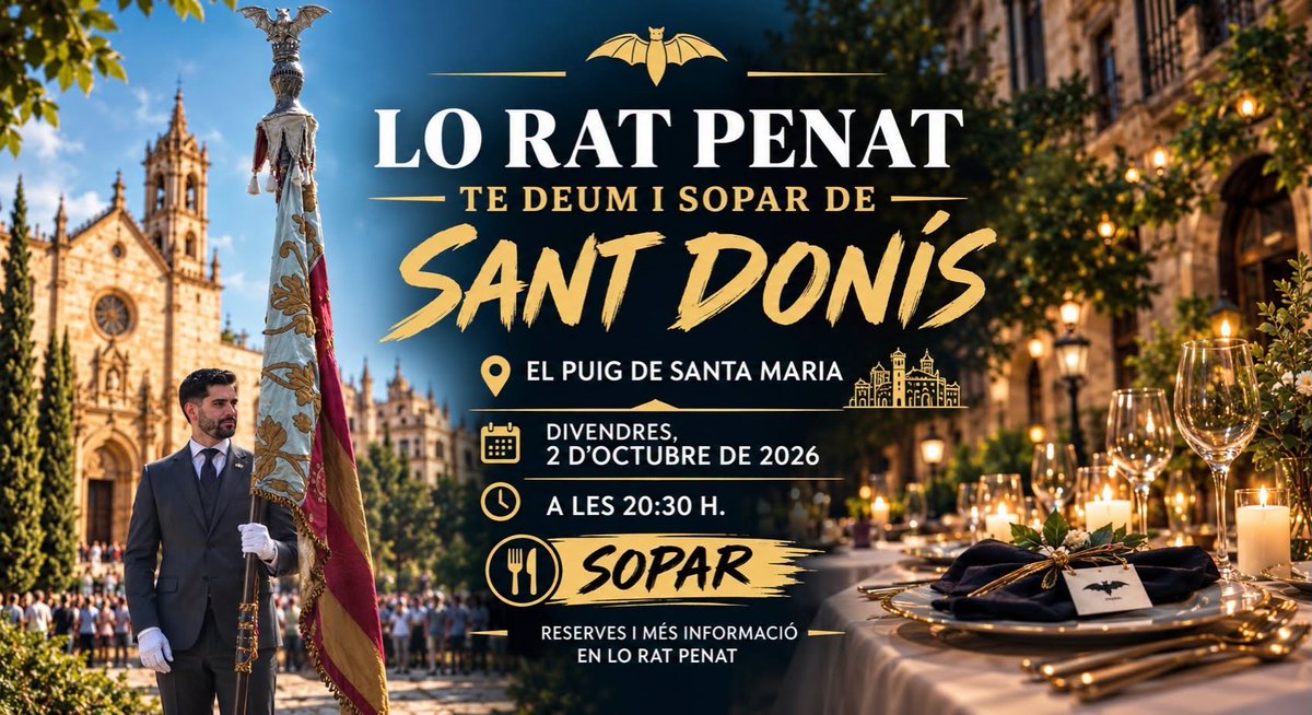LoRatPenat_'s tweet photo. 📢🔵🔴🟡¡¡¡RECORDATORI!!! 📅 TE DEUM EN EL PUIG I SOPAR DE SANT DONÍS📌
‼️📅L’associació cultural Lo Rat Penat🦇, dins dels actes commemoratius🎊 al voltant del 9 d´Octubre, Dia de la Pàtria Valenciana, celebrarà el tradicional Sopar de Sant Donís💙❤️💛 en El Puig de Santa Maria el pròxim divendres dia 2 d’octubre.
⏰La celebració s’iniciarà a partir de les 20.30 h. en un solemne Te Deum presidit per l’històrica Senyera de Lo Rat Penat en el⛪️ Real Monasteri de Sta. Maria d’El Puig. 🎉Al finalisar el Te Deum, se farà entrega del premi “Crit Valencià de l’Any” en el que Lo Rat Penat reconeix la llabor de valenciania de persones o institucions.
👥 A continuació, s’assistirà al tradicional🍽️ Sopar de Sant Donís en el Restaurant Huerto de Santa María📍.
En el transcurs del sopar el President de Lo Rat Penat, Josep Vicent Navarro i Raga, farà la tradicional crida🗣️ del 9 d’Octubre encorajant al poble valencià a participar en la Processó Cívica acompanyant a la Real Senyera en el Te Deum de la Catedral i en l’homenage al👑 Rei Don Jaume, com a l’entitat promotora de la recuperació d’esta festa commemorativa que s’ha convertit en el Dia de la Pàtria Valenciana. ✅
‼️❗️‼️Les reserves per al Sopar no se faran efectives fins que no se paguen els tíquets, i l’últim dia per a fer-les efectives serà el dilluns, 28 de setembre o fins completar la capacitat del restaurant.
☎️ℹ️Reserves: secretaria@loratpenat.org i en la nostra sèu per les vesprades de 17 a 21 h, indicant si s’utilisarà l’autobús.🔵