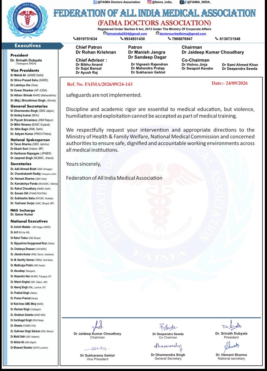 FAIMA_INDIA_'s tweet photo. 🚨 FAIMA’S URGENT APPEAL TO THE HON’BLE PRIME MINISTER

How many more incidents before the system changes?

Ragging, assaults, harassment, inhuman duty hours and suicides cannot be normalised as medical training.
FAIMA demands urgent national intervention, enforceable duty-hour limits, zero tolerance for harassment and institutional accountability.
Doctors are not machines. Medical training must not cost lives.

#FAIMA #DoctorsAreNotMachines #ResidentDoctors #MedicalStudents #DutyHours #StopRagging #DoctorsSafety #MedicalEducation