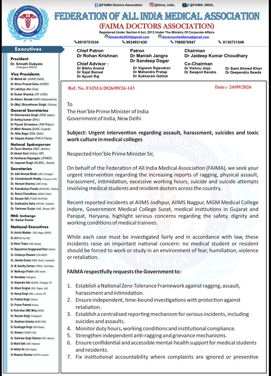 FAIMA_INDIA_'s tweet photo. 🚨 FAIMA’S URGENT APPEAL TO THE HON’BLE PRIME MINISTER

How many more incidents before the system changes?

Ragging, assaults, harassment, inhuman duty hours and suicides cannot be normalised as medical training.
FAIMA demands urgent national intervention, enforceable duty-hour limits, zero tolerance for harassment and institutional accountability.
Doctors are not machines. Medical training must not cost lives.

#FAIMA #DoctorsAreNotMachines #ResidentDoctors #MedicalStudents #DutyHours #StopRagging #DoctorsSafety #MedicalEducation