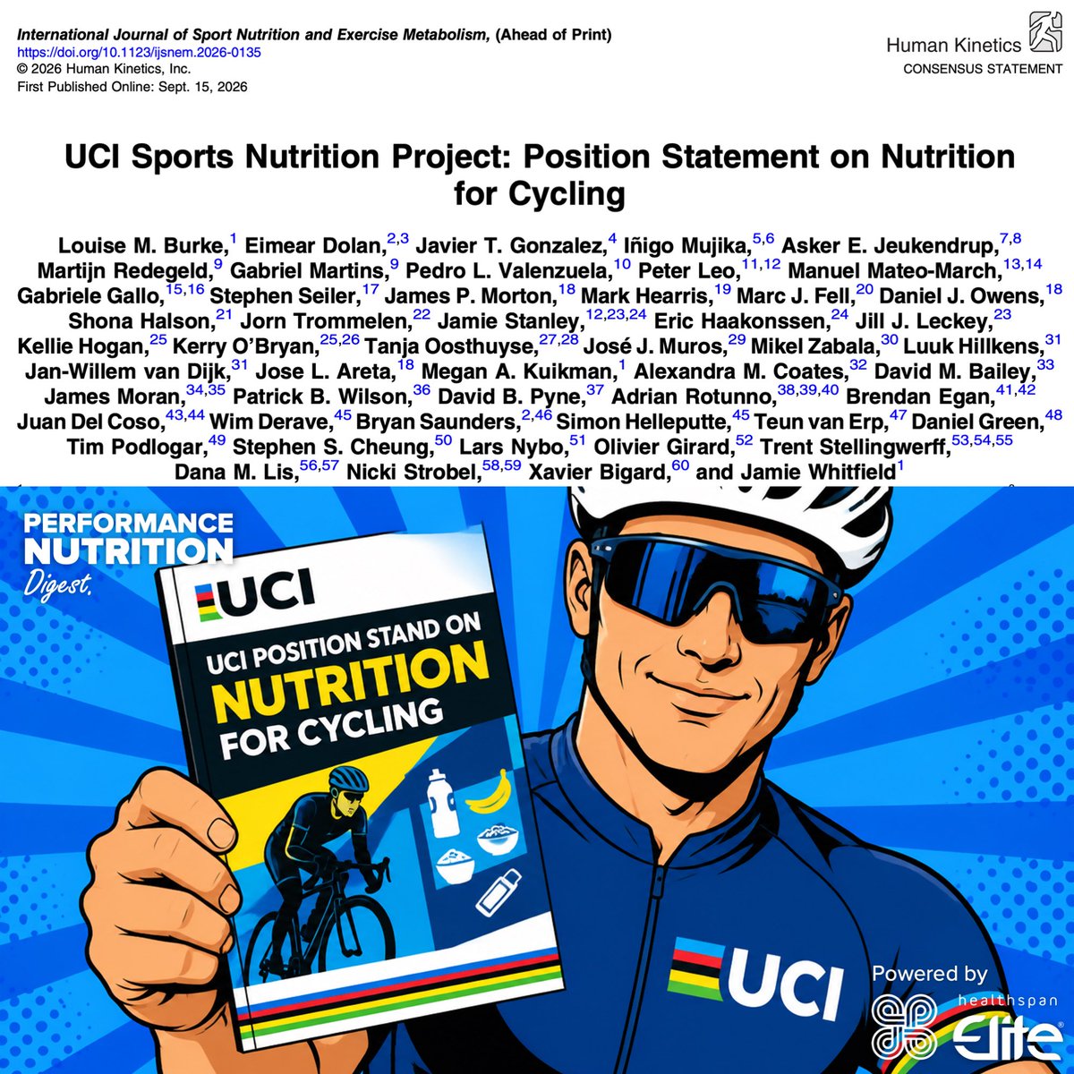tecoughlin's tweet photo. The UCI Position Statement on Nutrition for Cycling 🚴

This UCI position statement synthesised 14 companion reviews involving 54 researchers to provide contemporary guidance for elite cycling 🔍

Here are the key takeaway messages ⬇️

⚡ There is no single optimal cycling diet: nutrition should reflect discipline, event duration, terrain, environment, tactical role and the individual rider

🍽️ Habitual energy availability should generally be ~40–45 kcal/kg FFM/day, with prolonged low energy availability avoided

🍞 Carbohydrate should match workload, ranging from ~3–8 g/kg/day in track cycling to 10–25 g/kg/day during extreme racing

🎯 “Fuel for the work required” remains central: high CHO availability supports key sessions and racing, while selected low-CHO sessions may be strategically used for adaptation

🥩 Protein intake of 1.6–2.1 g/kg/day is recommended, ideally distributed across the day

🚴 During racing, CHO recommendations are 30–60 g/h for 1–2.5 h and ~90 g/h beyond 2.5 h

📈 Intakes of ≥120 g/h are increasingly used in professional cycling, but performance benefits still require validation

💧 Hydration plans should generally aim to keep net body-mass losses below ~2%, accounting for sweat rate and conditions

🔄 Rapid recovery may require 1–1.2 g/kg/h CHO, 0.3–0.4+ g/kg protein and ~125–150% fluid replacement

🦴 Adequate energy, CHO, protein, calcium and vitamin D are particularly important for cyclist bone health

🌿 Antioxidant/polyphenol supplements should be periodised, favouring targeted use when rapid recovery matters rather than indiscriminate use during adaptation-focused training

💊 Evidence-based supplements include caffeine, creatine, bicarbonate, beta-alanine, nitrate/beetroot juice and glycerol; exogenous ketones are not recommended

Cycling nutrition should prioritise adequate energy availability, carbohydrate matched to workload, sufficient protein, practiced race fuelling and selective supplement use ✅

Reference:

https://t.co/H9jRxtWPQ0

Subscribe to https://t.co/kPsQssm5ut FREE to receive your daily study breakdown, straight to your inbox or via the Substack app 📥

Powered by https://t.co/V0YqjzPGsK⚡️