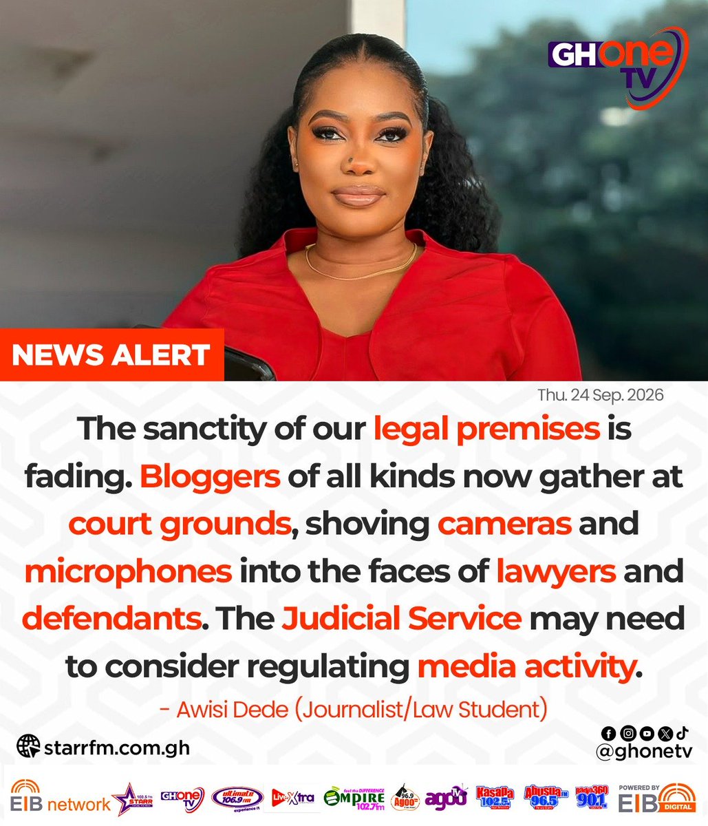 ghonetv's tweet photo. The sanctity of our legal premises is fading. Bloggers of all kinds now gather at court grounds, shoving cameras and microphones into the faces of lawyers and defendants. The Judicial Service may need to consider regulating media activity... - Awisi Dede (Journalist/Law Student)

#EIBNetwork #GHOneTV
#GHOneNews #NewsAlert
