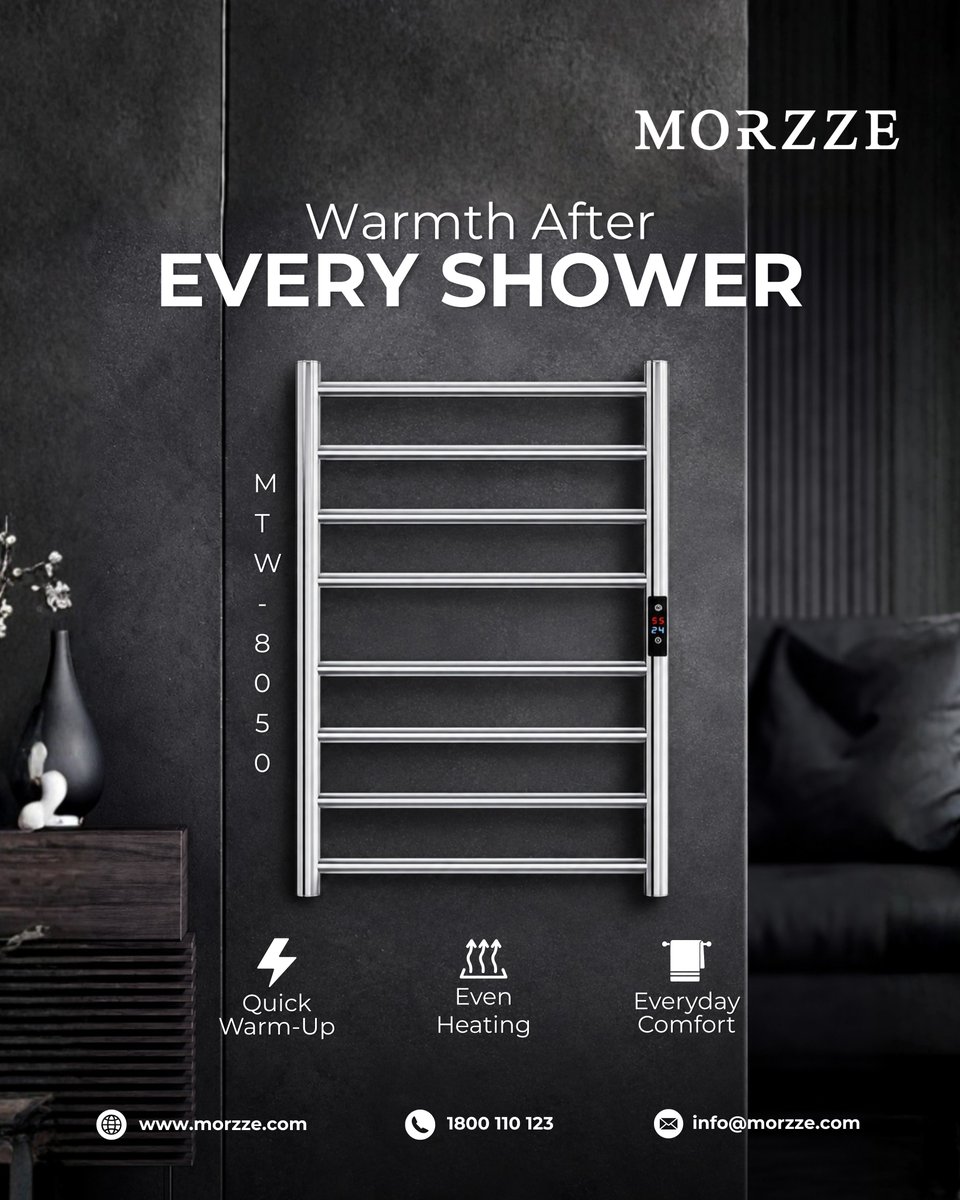 MorzzeIndia's tweet photo. The Morzze MTW-8050 heated towel rail is a wall-mounted, stainless steel electric towel warmer with a digital temperature display. It gives you a warm, dry towel after every shower.

Upgrade your modern bathroom. #luxurybathroom  #modernbathroom #morzze #bathroomdesign https://t.co/zSJCntGSpu