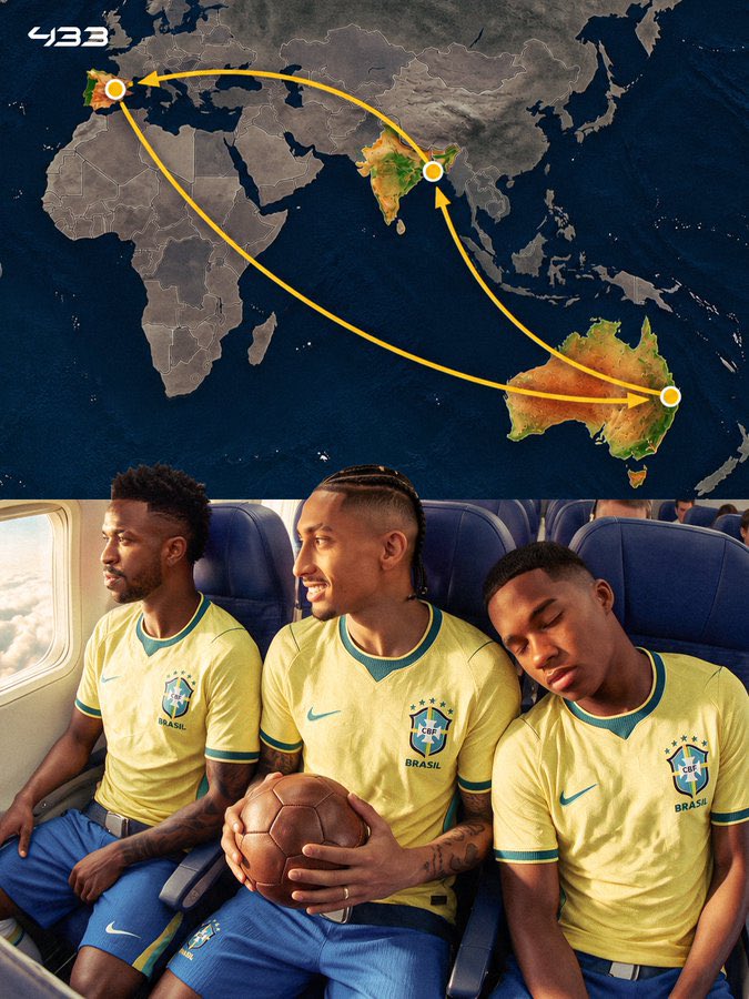 AtaqueFutbolero's tweet photo. 🤯🇧🇷 Raphinha, Vinícius Júnior y Endrick viajarán ¡¡35.000 KILÓMETROS!! y pasarán al menos 50 HORAS VOLANDO durante esta Fecha FIFA.

✈️ Luego de jugar su último partido por La Liga, volaron a Australia, después irán a India y volverán a España, haciendo casi el ¡87% DEL CAMINO ALREDEDOR DE LA TIERRA!

La verdadera Gira Mundial. ⚠️