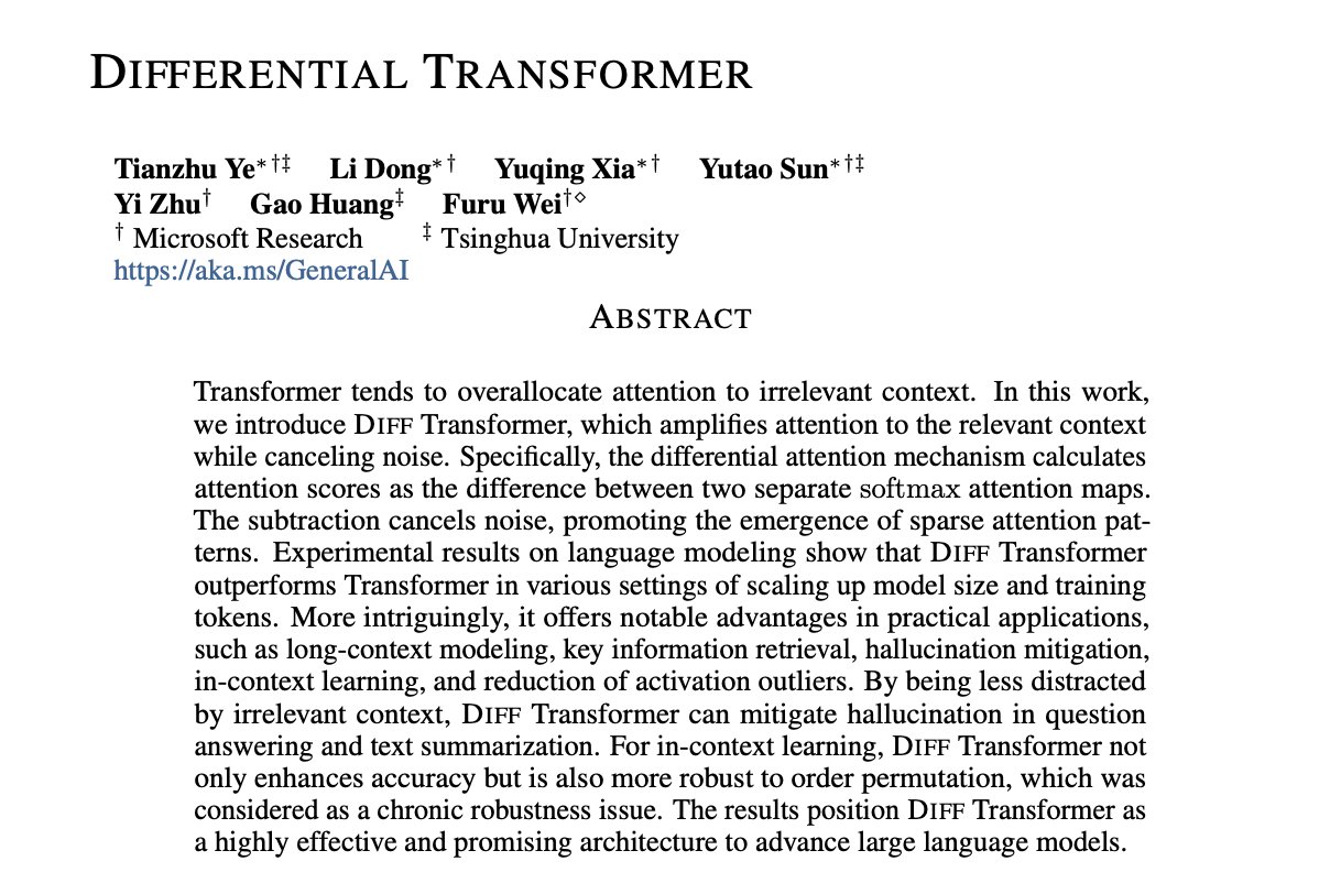 hooshaaii's tweet photo. Attention is inherently noisy! 🧠

The "Differential Transformer" subtracts two attention maps to cancel out noise and focus purely on the signal.

A massive leap for long-context reasoning without hallucinations! 👇

https://t.co/lqnxKyEs2i https://t.co/mJ8YCRmaMy