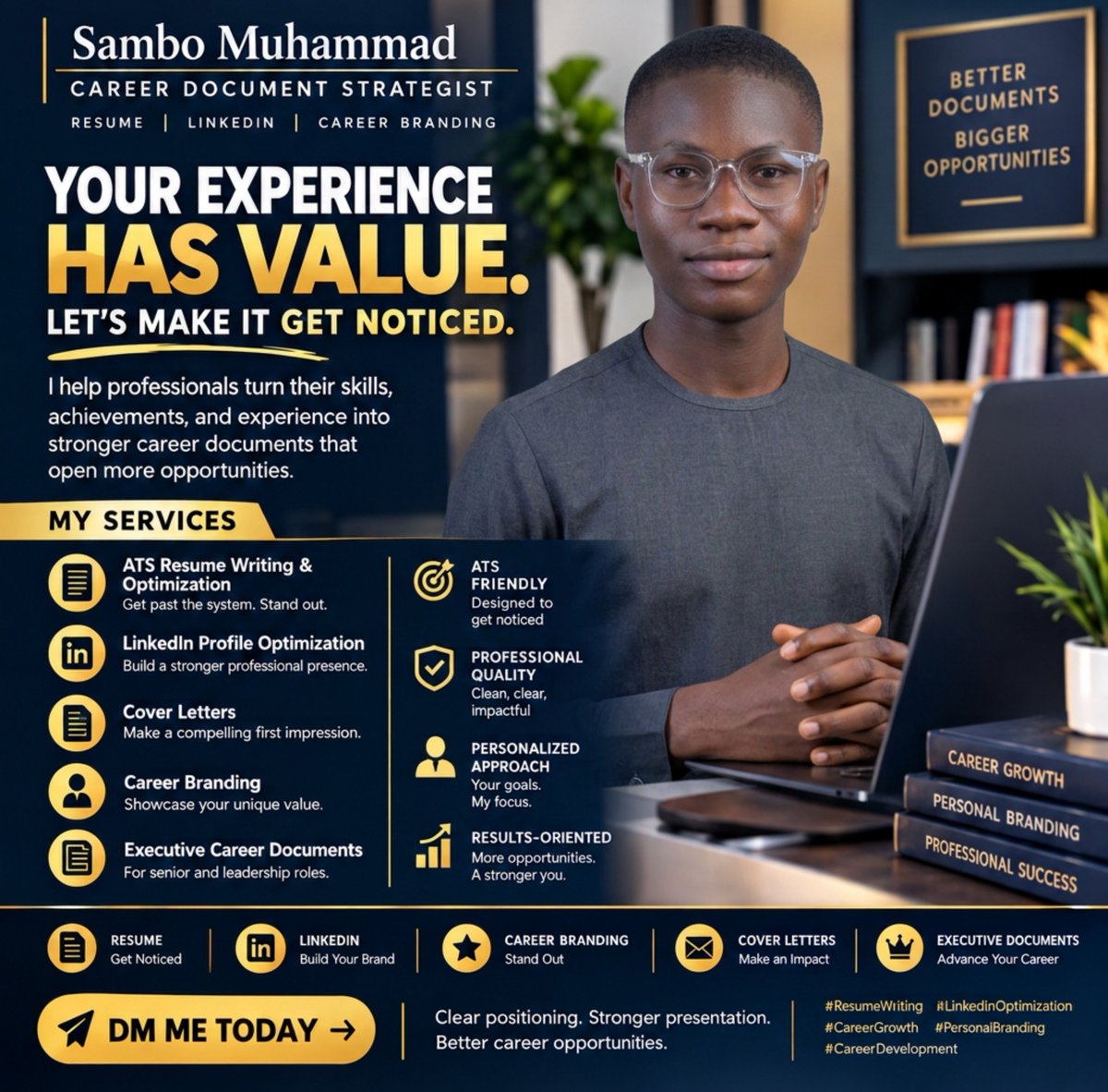 IamSambo_'s tweet photo. Your experience has value.
Your documents should show it.

I help professionals turn skills and achievements into stronger resumes, CVs, LinkedIn profiles, and career documents.

DM me. Let’s position your value.
#ResumeWriting #JobSearch #CareerGrowth https://t.co/M6rSxCYu9k