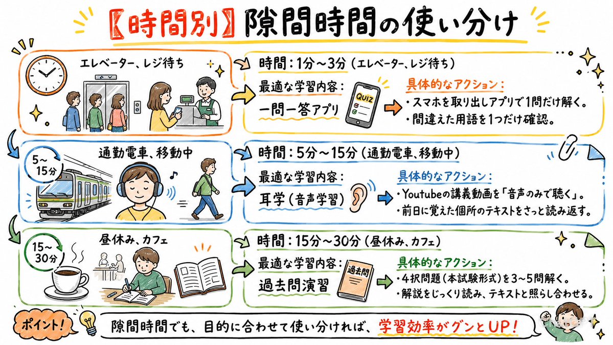 takkenkun1's tweet photo. これで合格に一歩近づく！
時間別隙間時間の使い分けはこちら👇
隙間時間を有効活用して学習効率を上げていこう！
保存して見返して🔥 https://t.co/6MVpnY496k