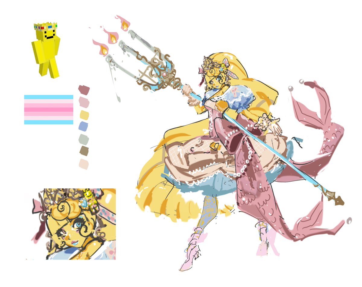 Heistuan's tweet photo. I’m busy drawing a piece for her right now, but I have an older WIP drawing where I designed her! need som1 kicks my ass to finish this 

yellow + Blue/pink best combos ever https://t.co/CDHAINpsfq