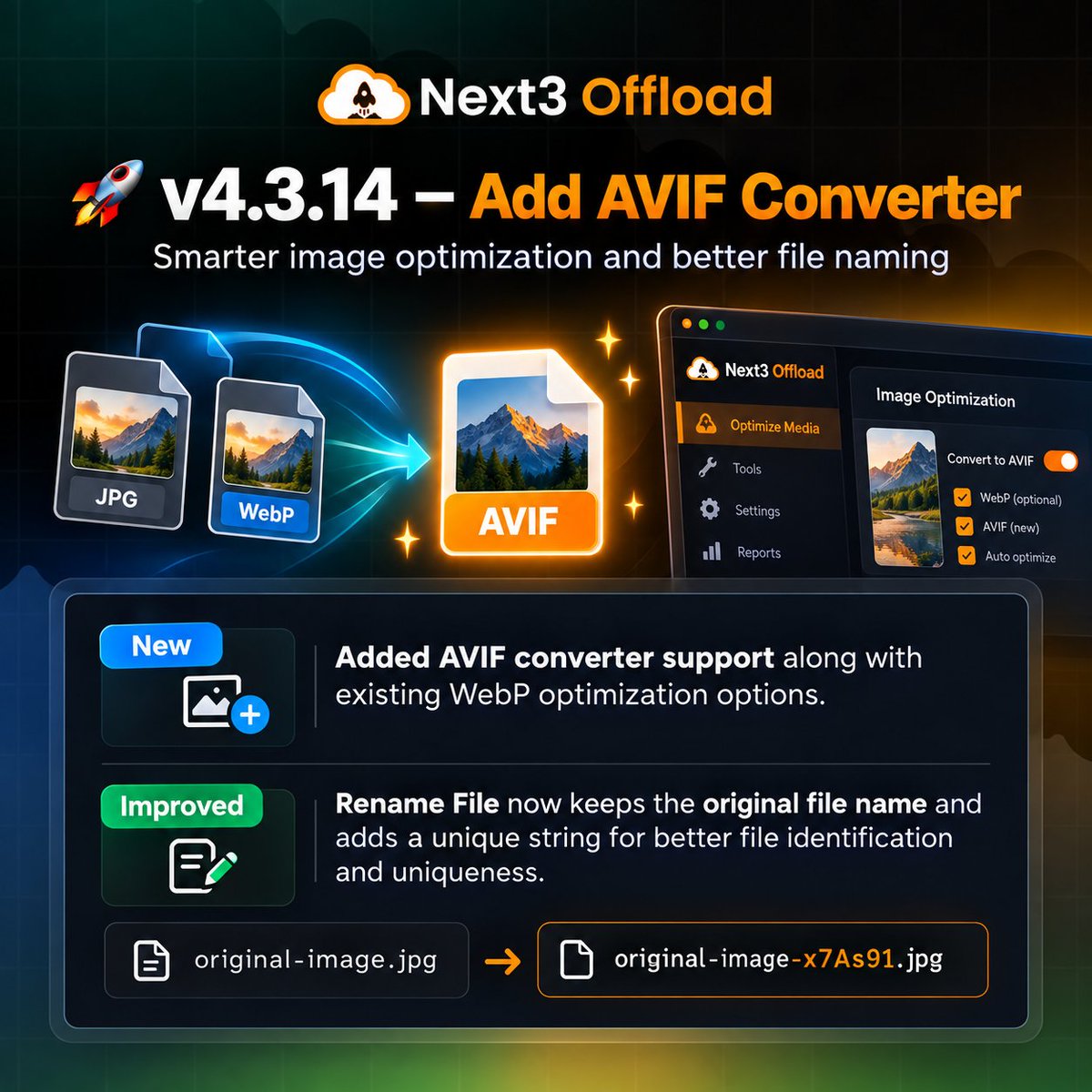 Next3Offload's tweet photo. 🚀 Next3 Offload v4.3.14 is live.
✅ New AVIF converter support
✅ Existing WebP optimization stays available
✅ Improved Rename File feature
✅ Original filenames are preserved + unique strings added
Smarter WordPress media optimization.
#WordPress #AVIF #Next3Offload https://t.co/LnPMzMAYcH