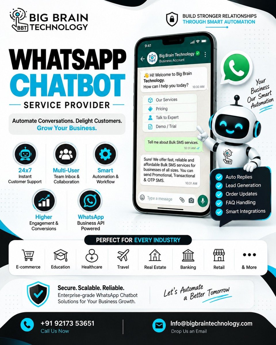 BigBrainTechno1's tweet photo. 🤖 Automate WhatsApp. Engage customers. Generate leads. Grow smarter. 🚀

Turn your business into a 24/7 customer support powerhouse with WhatsApp Chatbots.

#WhatsAppChatbot #BusinessAutomation #BigBrainTechnology https://t.co/sjnyUvEYlA