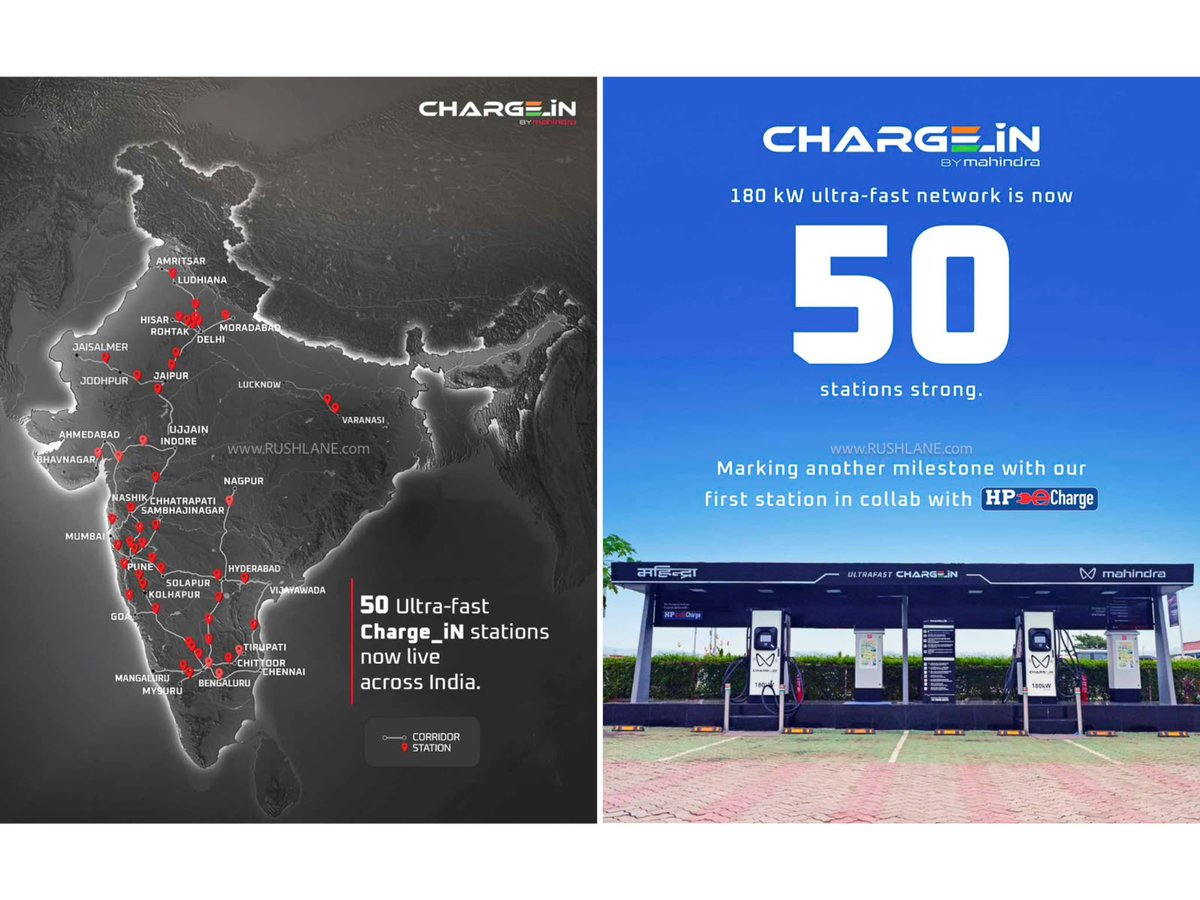 rushlane's tweet photo. Mahindra’s Charge_iN network reaches 50 stations and 200 charging points. First HPCL partner site opens on Mumbai–Pune Expressway.
⚡ 180 kW chargers, open to all EV brands
🎯 250 stations and ~1,000 charging points targeted by Dec 2027
#Mahindra #EVCharging #ChargeiN #Rushlane