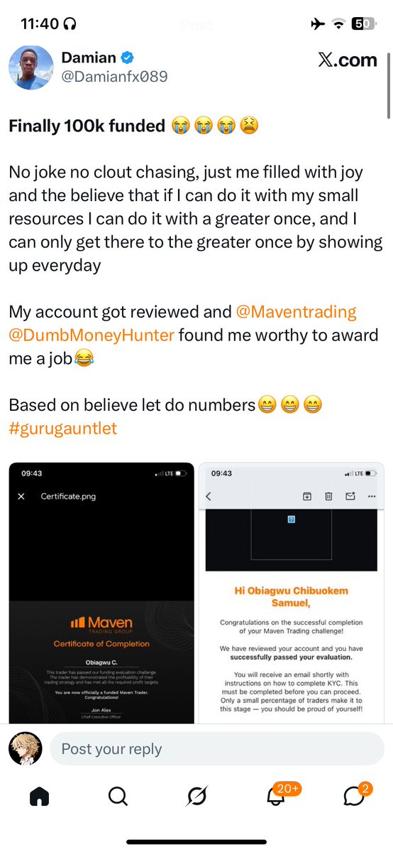 w1n5t0nxD's tweet photo. Popular Banger boy and top fooler Damian just got funded $100k after completing the @Maventrading #gurugaunlet challenge hosted by @DumbMoneyHunter 😳😳

He is now a $100k funded trader ❤️❤️this is proof that banger boys can also trade, they just don’t have the capital and recognition. 

He has also been awarded a job at @Maventrading 🔥 due to his performances at the guru gauntlet

Congratulations to Damian and to every other banger boy/girl and any one aspiring to make it in forex, your dreams are valid. Keep going and clapping for others until it’s your turn 👏