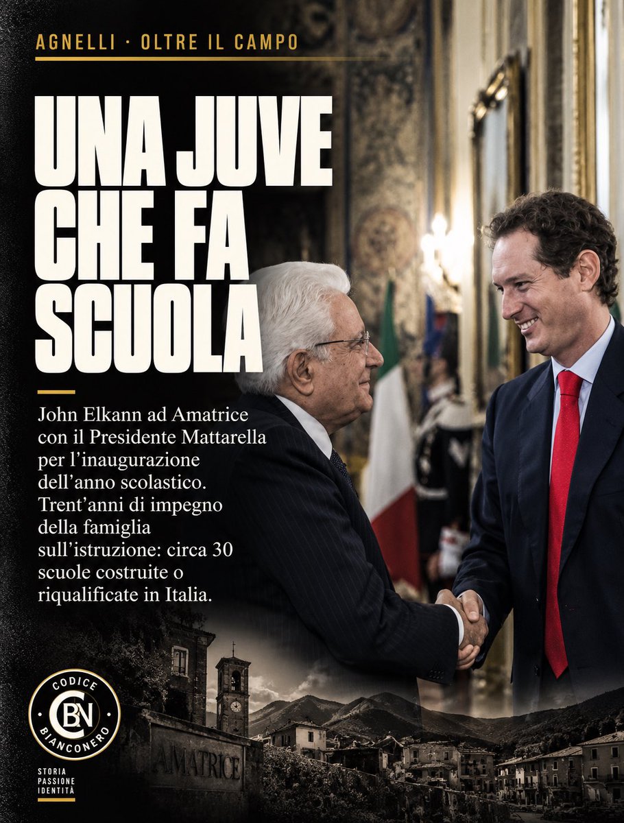 CodBianconero's tweet photo. C'è una #Juventus che non gioca a pallone, e passa dai banchi di scuola.

John #Elkann ad Amatrice, accanto al Presidente #Mattarella, per l'inaugurazione dell'anno scolastico nell'istituto intitolato a Sergio Marchionne, ricostruito dopo il terremoto del 2016. Trent'anni di impegno della famiglia sull'istruzione: circa trenta scuole costruite, ricostruite o riqualificate in tutta Italia.

Quanto conta il nome che sta dietro un club, al di là dei risultati del campo? Certe eredità si misurano anche lontano dallo stadio.

Fonte: Fondazione Agnelli

#FondazioneAgnelli #Marchionne