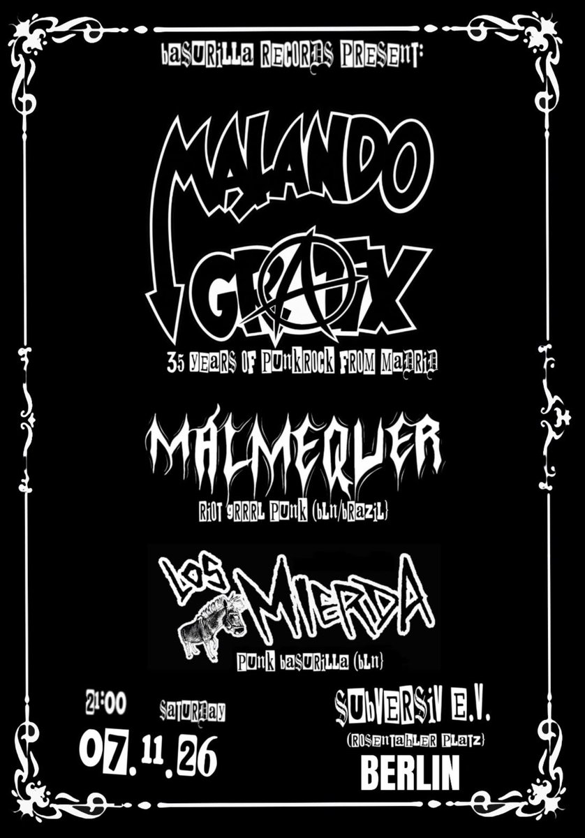 MATANDOGRATIX's tweet photo. Es un placer  anunciar que MATANDO GRATIX, en su 35 aniversario y por primera vez fuera de España, estarán presentando su último trabajo “kon la Muerte en la espalda” , además de su repertorio habitual de sus anteriores trabajos de la banda..+LOS MIERDA/BERLIN+MALMEQUER/BRASIL https://t.co/6q6MxrKDhm