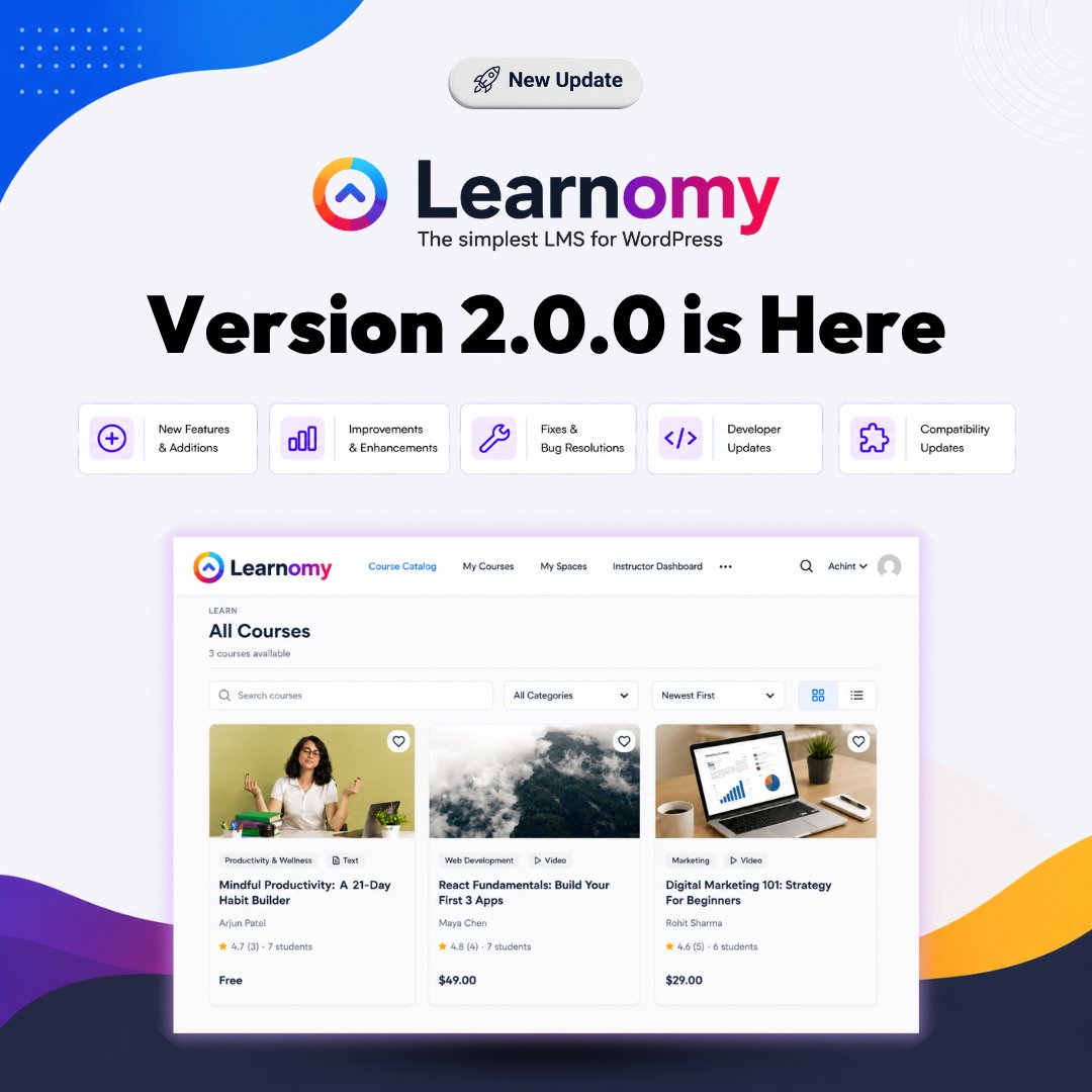 wbcomdesigns's tweet photo. Learnomy v2.0.0 is live.
New Elementor Single Course templates, flexible course layouts, improved translations, better profile images, and improved course management.
https://t.co/GFomKYf8vu
#Learnomy #WordPress #LMS #Elementor #WordPressPlugin #WbcomDesigns https://t.co/m7VNP7Je1d