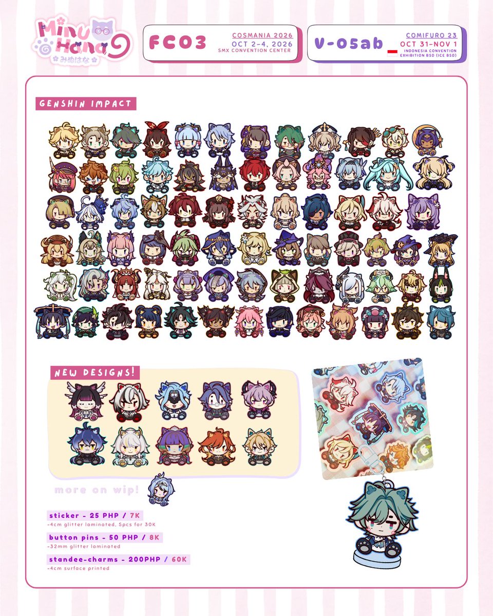 minuhana_'s tweet photo. [RTs🩷] 
🐶 #CosplayMania2026 &amp; #Comifuro23  PREORDERS 🍥

✨ genshin, hsr, zzz, hololive, holostars, nijisanji, fsp, vocaloid, valorant, lol, tft

💖 full catalogue soon! 
📩 link for pre-orders below 

[ #CosMania26 #CF23 #FanFairAtCosplayMania2026 #cf23catalogue ] https://t.co/tkR37wTVyS