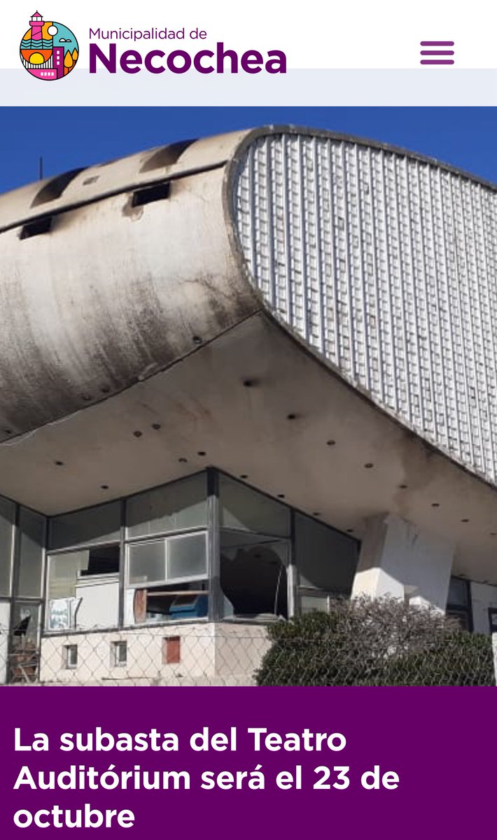 multiteatro's tweet photo. 📣 La Municipalidad de Necochea informa que llevará adelante el viernes 23 de octubre, a las 11, la subasta pública de la Parcela C correspondiente al Teatro Auditórium, integrante del Complejo Casino. El acto se desarrollará en el Salón de Actos “Dr. Domingo J. Taraborelli”, ubicado en el segundo piso de la sede municipal de calle 56 Nº 2945.
Se recuerda que la subasta, tras el correspondiente sorteo de la semana anterior, estará a cargo del martillero público local Sergio Marcelo Gertie.
Los interesados podrán inscribirse hasta el 20 de octubre a las 14, solicitando el formulario correspondiente al correo obraspublicas@necochea.gov.ar o personalmente en la Secretaría de Planeamiento, Obras y Servicios Públicos. Para participar deberán constituir una garantía equivalente al 20% del precio base, es decir, aproximadamente $76,76 millones.
En cuanto al esquema de pago, el adjudicatario deberá abonar un 10% dentro de las 48 horas posteriores a la subasta, un 15% luego de la aprobación del boleto y el 75% restante en dólares, convertido según la cotización vendedor del Banco Nación del día hábil anterior a la subasta. Este último monto podrá abonarse en cuatro cuotas anuales.
Además, habrá jornadas de exhibición del inmueble los días 2 y 21 de octubre, bajo las condiciones establecidas en el edicto. 
La convocatoria se encuentra enmarcada en la Ordenanza Nº 12.009/25 y el Decreto Nº 2793/26, que establecen las condiciones para la participación y adjudicación.
La parcela en cuestión cuenta con una superficie aproximada de 2.910 metros cuadrados y tendrá una base de $383.819.190, libre de gastos. El inmueble se encuentra actualmente desocupado y presenta deterioros derivados del incendio ocurrido en 2020.