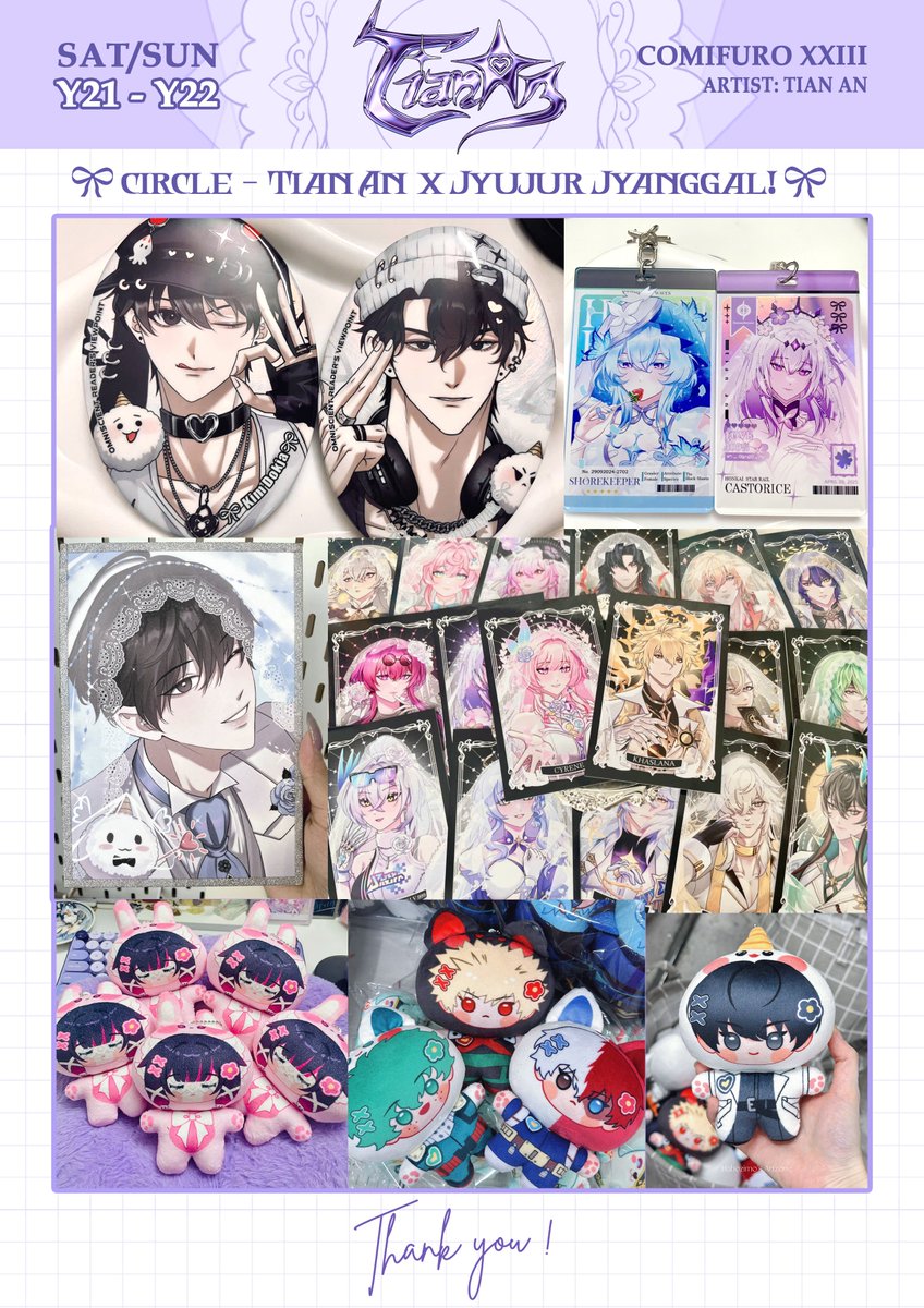 TianAn69's tweet photo. [❤️🔁are appreciated!] 
Hello! CF23 Pre-order are open! If you have any questions, DM me! :3
⭐️DL Pre-Order: 23 Sept- 1 Oct 2026
⭐️Pick up: Tian An x Jyujur Jyanggal! (Y21 - Y22) Day 1 &amp; 2.
#HSR #GI #ORV #ALST #WUWA 
#cf23catalogue #comifuro23 #comifuro23catalogue https://t.co/DMlSfXwJPj