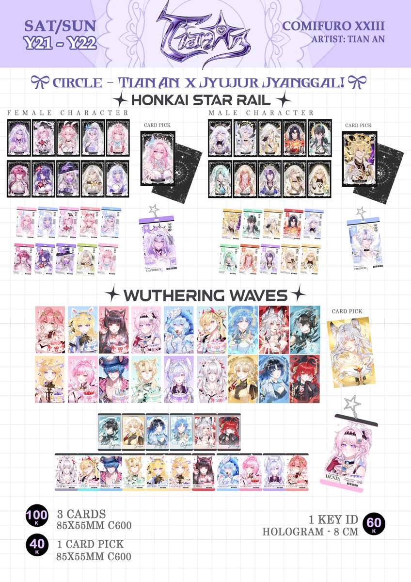 TianAn69's tweet photo. [❤️🔁are appreciated!] 
Hello! CF23 Pre-order are open! If you have any questions, DM me! :3
⭐️DL Pre-Order: 23 Sept- 1 Oct 2026
⭐️Pick up: Tian An x Jyujur Jyanggal! (Y21 - Y22) Day 1 &amp; 2.
#HSR #GI #ORV #ALST #WUWA 
#cf23catalogue #comifuro23 #comifuro23catalogue https://t.co/DMlSfXwJPj