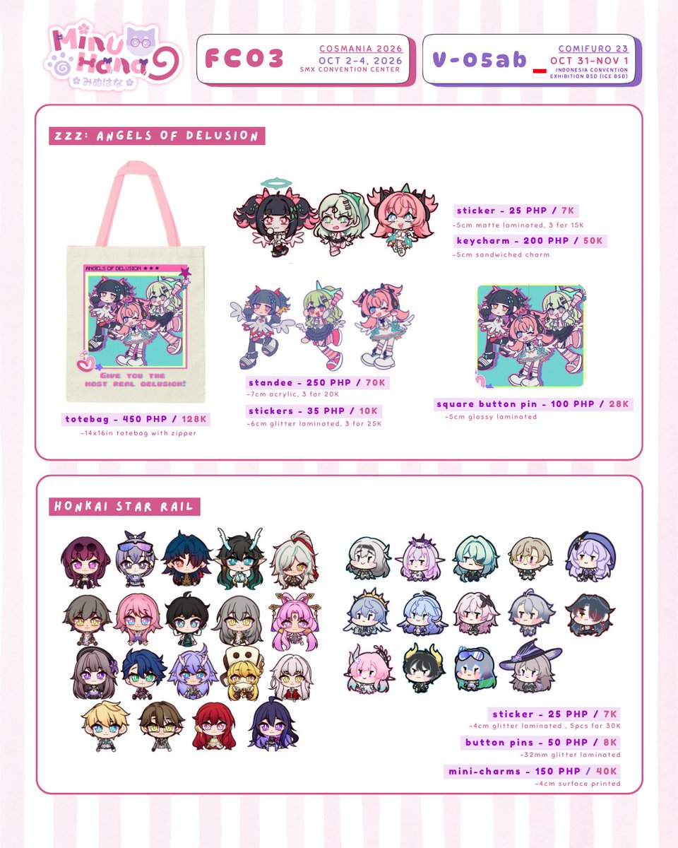 minuhana_'s tweet photo. [RTs🩷] 
🐶 #CosplayMania2026 &amp; #Comifuro23  PREORDERS 🍥

✨ genshin, hsr, zzz, hololive, holostars, nijisanji, fsp, vocaloid, valorant, lol, tft

💖 full catalogue soon! 
📩 link for pre-orders below 

[ #CosMania26 #CF23 #FanFairAtCosplayMania2026 #cf23catalogue ] https://t.co/tkR37wTVyS