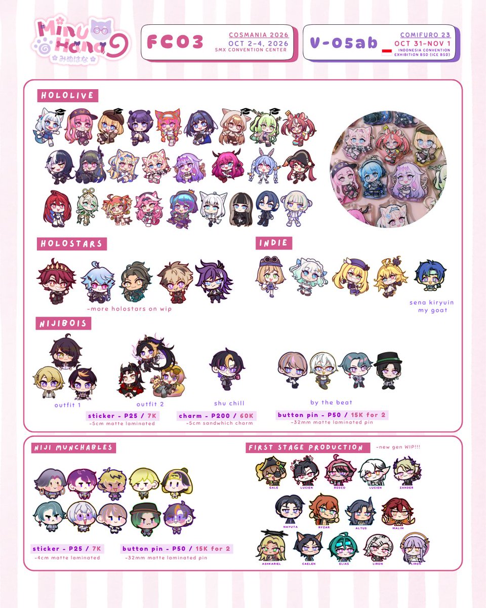 minuhana_'s tweet photo. [RTs🩷] 
🐶 #CosplayMania2026 &amp; #Comifuro23  PREORDERS 🍥

✨ genshin, hsr, zzz, hololive, holostars, nijisanji, fsp, vocaloid, valorant, lol, tft

💖 full catalogue soon! 
📩 link for pre-orders below 

[ #CosMania26 #CF23 #FanFairAtCosplayMania2026 #cf23catalogue ] https://t.co/tkR37wTVyS