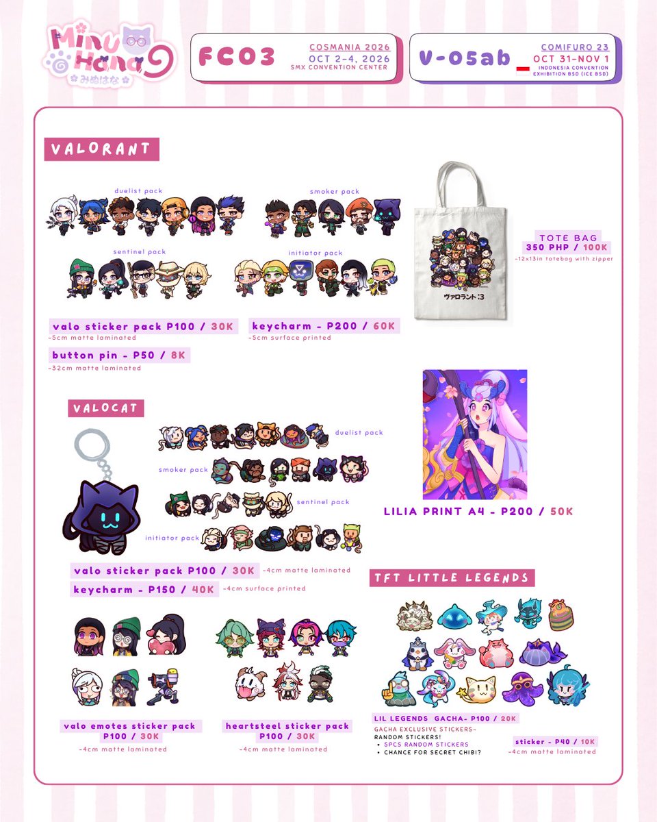 minuhana_'s tweet photo. [RTs🩷] 
🐶 #CosplayMania2026 &amp; #Comifuro23  PREORDERS 🍥

✨ genshin, hsr, zzz, hololive, holostars, nijisanji, fsp, vocaloid, valorant, lol, tft

💖 full catalogue soon! 
📩 link for pre-orders below 

[ #CosMania26 #CF23 #FanFairAtCosplayMania2026 #cf23catalogue ] https://t.co/tkR37wTVyS