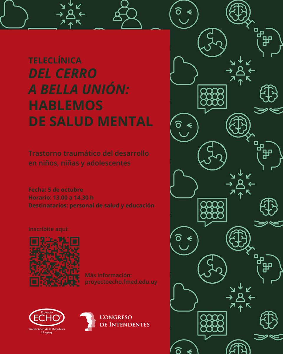 EchoUruguay's tweet photo. 📢 Teleclínica ECHO Del Cerro a Bella Unión: hablemos de salud mental

🔹Trastorno traumático del desarrollo en niños, niñas y adolescentes

📆 Fecha: lunes 5 de octubre

⏰ Horario: 13.00 a 14.30

📝 Para inscribirte, escaneá el QR. https://t.co/3b4b0DcV7x