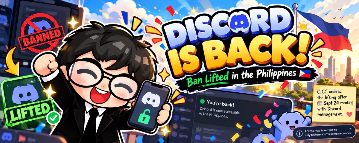 FaithGameZone's tweet photo. 🚨🇵🇭 DISCORD IS BACK! 🎉

That ban lasted about as long as a Discord status saying “BRB” 😂

The CICC has lifted the restriction after talks with Discord. Now we wait for all networks to catch up. 👀

Welcome back, Discord! 💙🤍
#Discord #DiscordPH #Philippines #PHGamers #DiscordIsBack