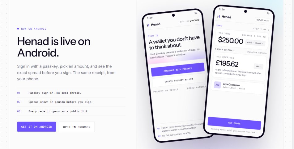 henadonmonad's tweet photo. Cross border payments in your pocket

Henad is live on Android. A passkey instead of a seed phrase, the spread in pounds before you sign, and a receipt anyone can open afterwards.

Dollars from your phone, pounds in their account, 19 bps on the first

@monad @withAUSD @MentoLabs https://t.co/iTdfLsoYyG