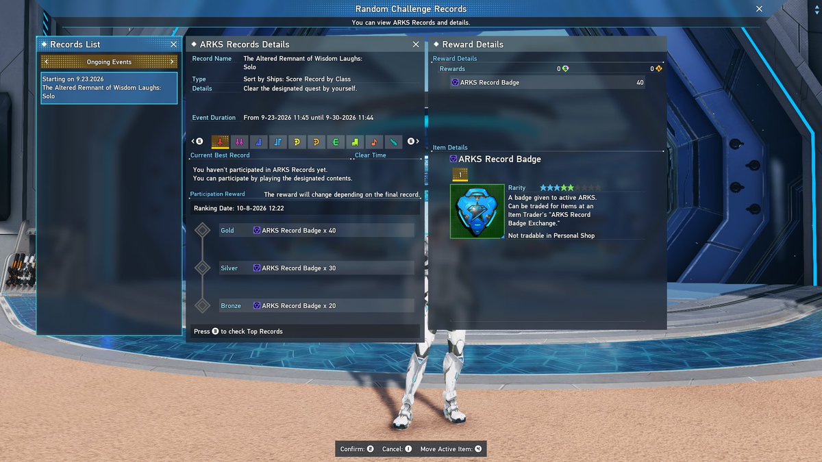 play_pso2's tweet photo. N-Augment Transfer Pass Vouchers, Beta Reactors, and Weapon Camos have been added to ARKS Record Badge Exchange!
ARKS Record Badges can be obtained by completing the currently available Limited-time Quest, The Altered Remnant of Wisdom Laughs!
#NGS #PSO2NGS https://t.co/zXpr5Ib0C2