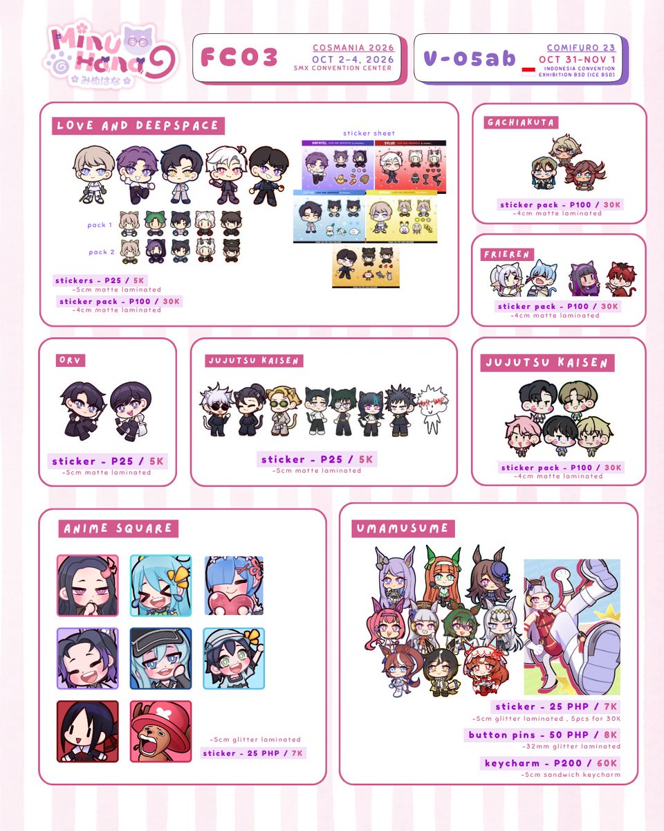 minuhana_'s tweet photo. [RTs🩷]
🐶 #CosplayMania2026 &amp; #Comifuro23  PREORDERS🍥

✨ pokemon, pmmm, jjk, vocaloid, lads, umamusume, alnstg

💖 full catalogue soon!
📩 link for pre-orders below

[ #CosMania26 #CF23 #FanFairAtCosplayMania2026 #cf23catalogue ] https://t.co/ufNKR9F4Bf