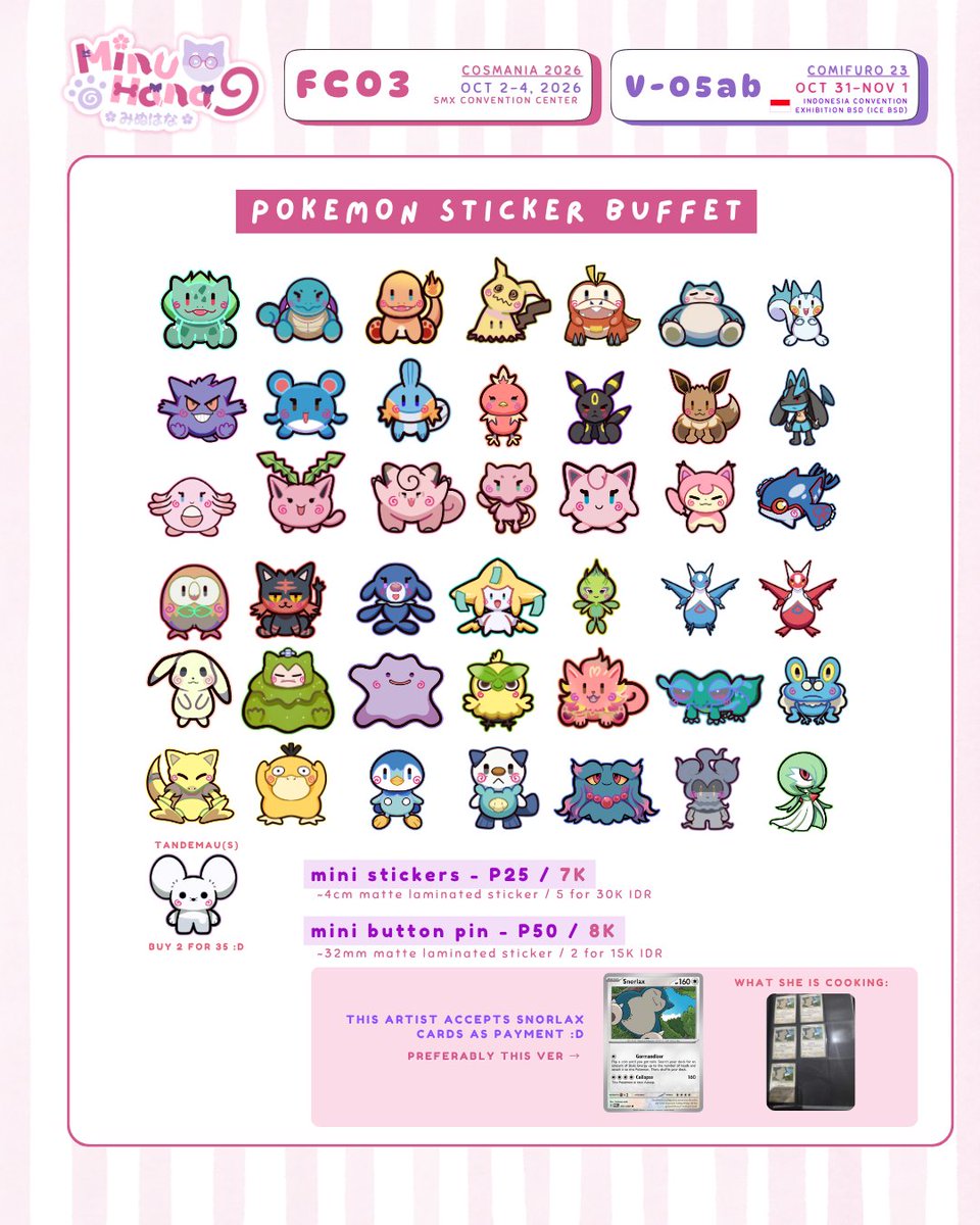 minuhana_'s tweet photo. [RTs🩷]
🐶 #CosplayMania2026 &amp; #Comifuro23  PREORDERS🍥

✨ pokemon, pmmm, jjk, vocaloid, lads, umamusume, alnstg

💖 full catalogue soon!
📩 link for pre-orders below

[ #CosMania26 #CF23 #FanFairAtCosplayMania2026 #cf23catalogue ] https://t.co/ufNKR9F4Bf