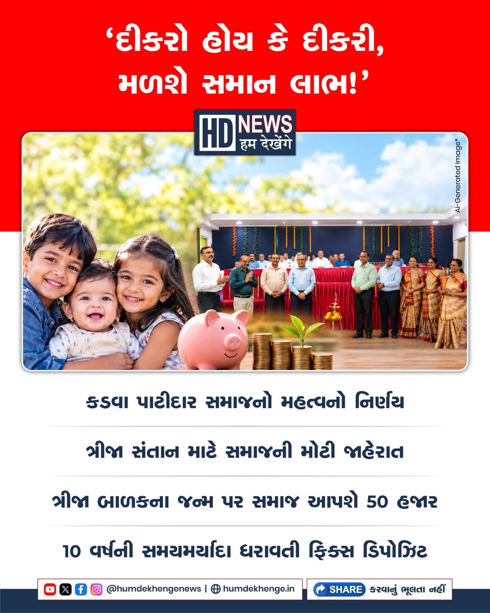 humdekhengenews's tweet photo. સુરતમાં કચ્છ કડવા પાટીદાર સમાજના દક્ષિણ ગુજરાત ઝોને ત્રીજા સંતાન��ે પ્રોત્સાહન આપવા મહત્વનો નિર્ણય લીધો છે.
#HumDekhengeNews #Surat #KadvaPatidar #PatidarSamaj #ThirdChildScheme #GujaratNews https://t.co/aWr9XYInBF