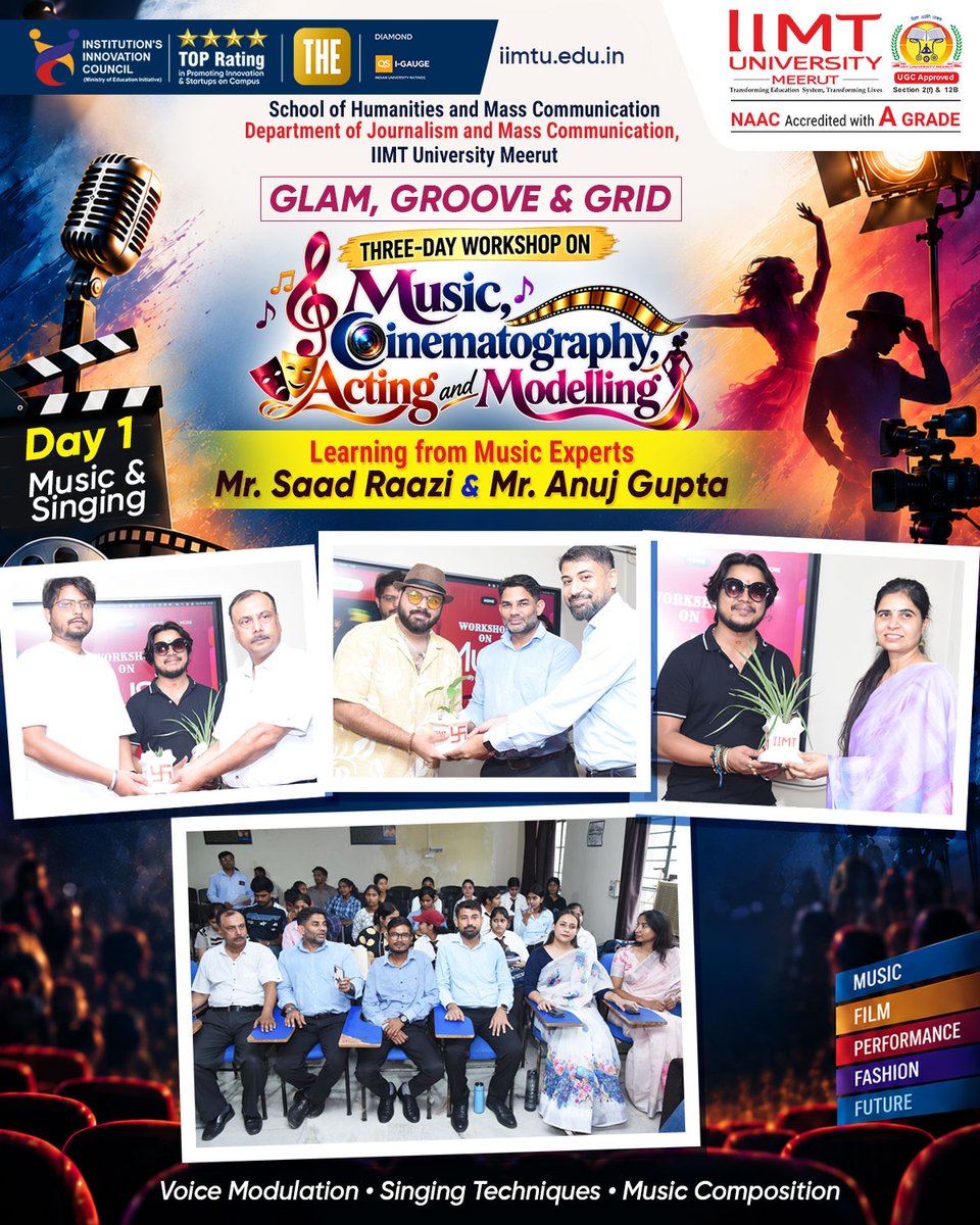IIMT_U's tweet photo. 🎤 GLAM, GROOVE & GRID | Day 1 🎶✨
IIMT University’s JMC Department kicked off a 3-Day Workshop with inspiring sessions on Music & Singing by industry experts Mr. Saad Raazi and Mr. Anuj Gupta.
#IIMTUniversity #Journalism #IIMTU #GlamGrooveAndGrid #MusicWorkshop #IIMTian https://t.co/Wu6OTAQWl6