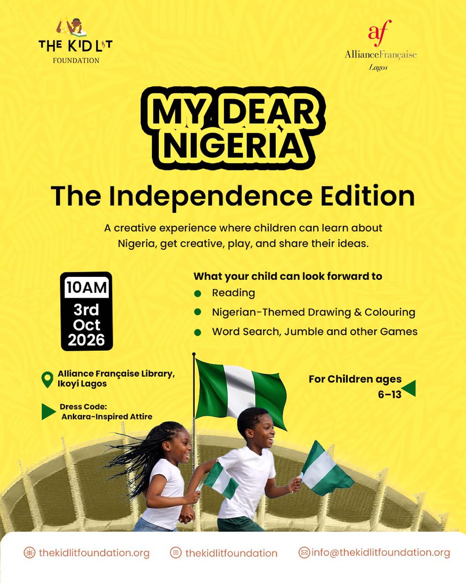 TheKidLitFest's tweet photo. Some books like Wole Soyinka’s ‘The Lion and the Jewel’ take us back to childhood.

Let's give the next generation stories to discover Nigeria. 

My Dear Nigeria: Independence Edition
3rd October | 10 AM | Alliance Française, Ikoyi.

Register Your Kids: https://t.co/NJIUvhGnPY https://t.co/PDnbNMtP3p