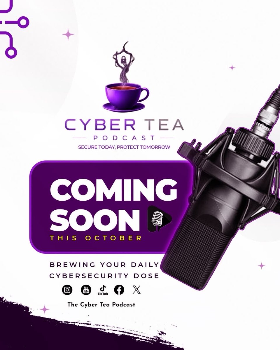 cyberteapodcast's tweet photo. COMING SOONโ๏ธ๐๏ธ
The Cyber Tea Podcast launches this October, your daily dose of cybersecurity, brewed and served hot๐ฅ๐
Weโre dropping our first episodes this October. Hit follow and turn on notifications to stay updated๐โ
#CyberTeaPodcast #CyberSecurity #ComingSoon #wicys https://t.co/mIHBZhSKkR