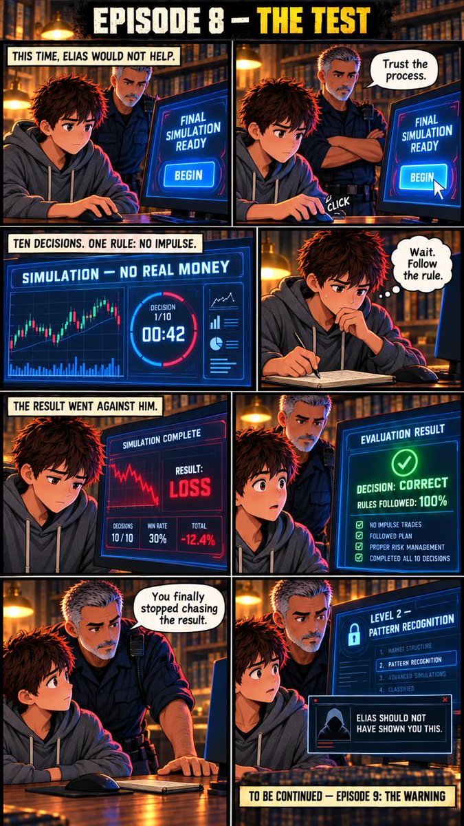 kasigiom's tweet photo. EPISODE 8 — THE TEST

Mark’s hand hovered above the mouse.

On the screen:

FINAL SIMULATION READY.

Elias stepped back.

“This time, I won’t help you.”

Mark clicked BEGIN.

Ten decisions appeared—one after another.

The timer moved fast.
The pressure kept rising.
Every instinct told him to react.
But Mark stopped.
He opened his journal and remembered the rule:

DON’T CHASE THE RESULT. FOLLOW THE PROCESS.

He made his decision.

The screen turned red.

RESULT: LOSS.

Mark lowered his head.

“I failed.”

Then the evaluation appeared:

DECISION: CORRECT
RULES FOLLOWED: 100%
TEST: PASSED

Mark stared at the screen.

Elias finally smiled.
“You stopped trying to be right.”
“You started trying to be disciplined.”

Suddenly, a hidden section unlocked:

LEVEL 2 — PATTERN RECOGNITION

But before Mark could open it, an anonymous message appeared:

ELIAS SHOULD NOT HAVE SHOWN YOU THIS.

Mark slowly turned toward him.

“Who sent that?”

Elias didn’t answer.

TO BE CONTINUED — EPISODE 9: THE WARNING.