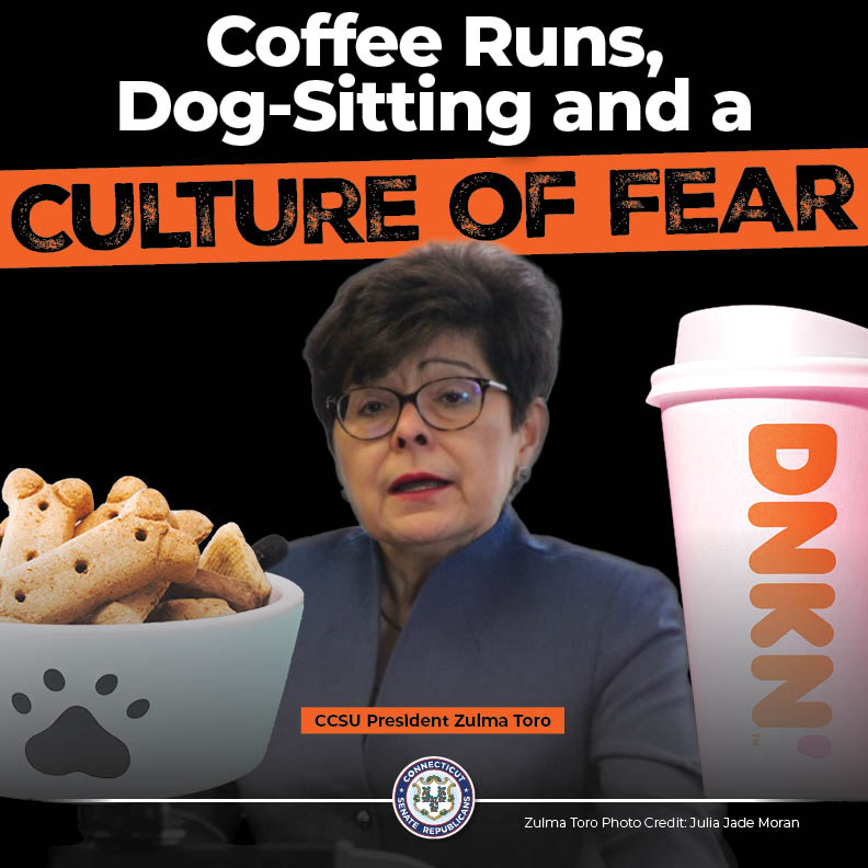 CTSenateGOP's tweet photo. Another day, another CSCU resignation. CCSU Pres. Dr. Zulma Toro announced her resignation after accusations of bullying staff and allegations of employees cutting her food and watching her dog. It's the same system and the same pattern of corruption, yet no accountability. https://t.co/WhWviyeNiU