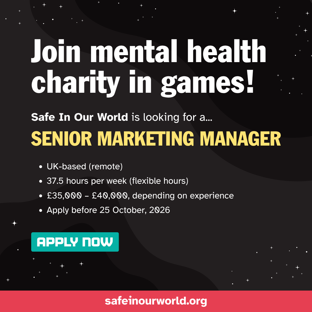 SafeInOurWorld's tweet photo. Safe In Our World is hiring a Senior Marketing Manager. 🔍 Join our mental health charity to support the wellbeing of those who make video games and those who play them. 🎮

Apply with your CV and cover letter before 25 October, 2026.

Find out more ⬇️
https://t.co/uWaPXU1Wku https://t.co/fEZj5oTvIv