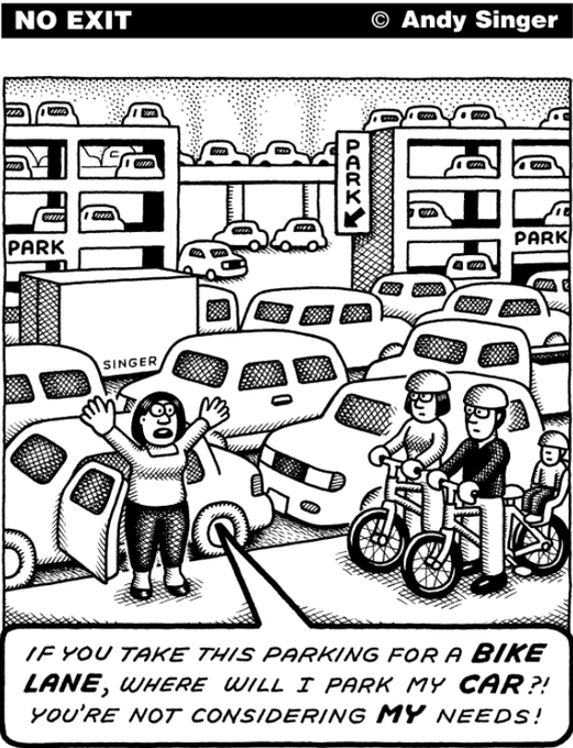 Boenau's tweet photo. You'll hear this "where will I park" complaint from people who assume a suburban-style design can fit in constrained city environments. 
Cars are space hogs, which means you can't fit as many in cities as you can in sprawly areas. https://t.co/FSltDoiOp2