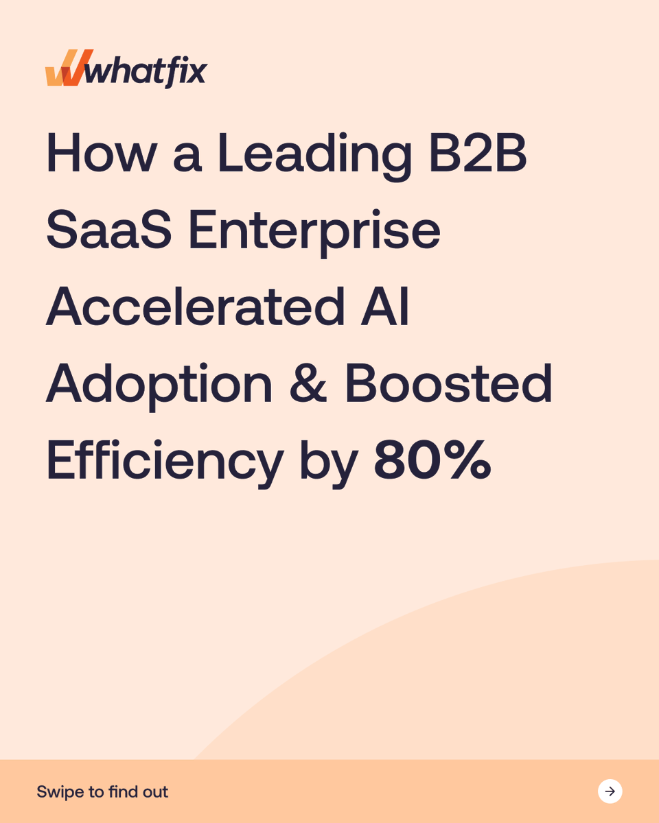 whatfix's tweet photo. How do you turn 60 days into $60K in savings?

That’s a projected $365K annually!

A leading B2B SaaS enterprise used Whatfix to drive adoption of its AI-powered support workflows directly in the flow of work.

The impact:
🟢 80% faster documentation,
🟢 414 hours saved, and
🟢 51%+ higher feature engagement.

See how better AI adoption translates into measurable business value. 👇

#whatfix #digitaladoption #productanalytics #ai #customerclickswithwhatfix