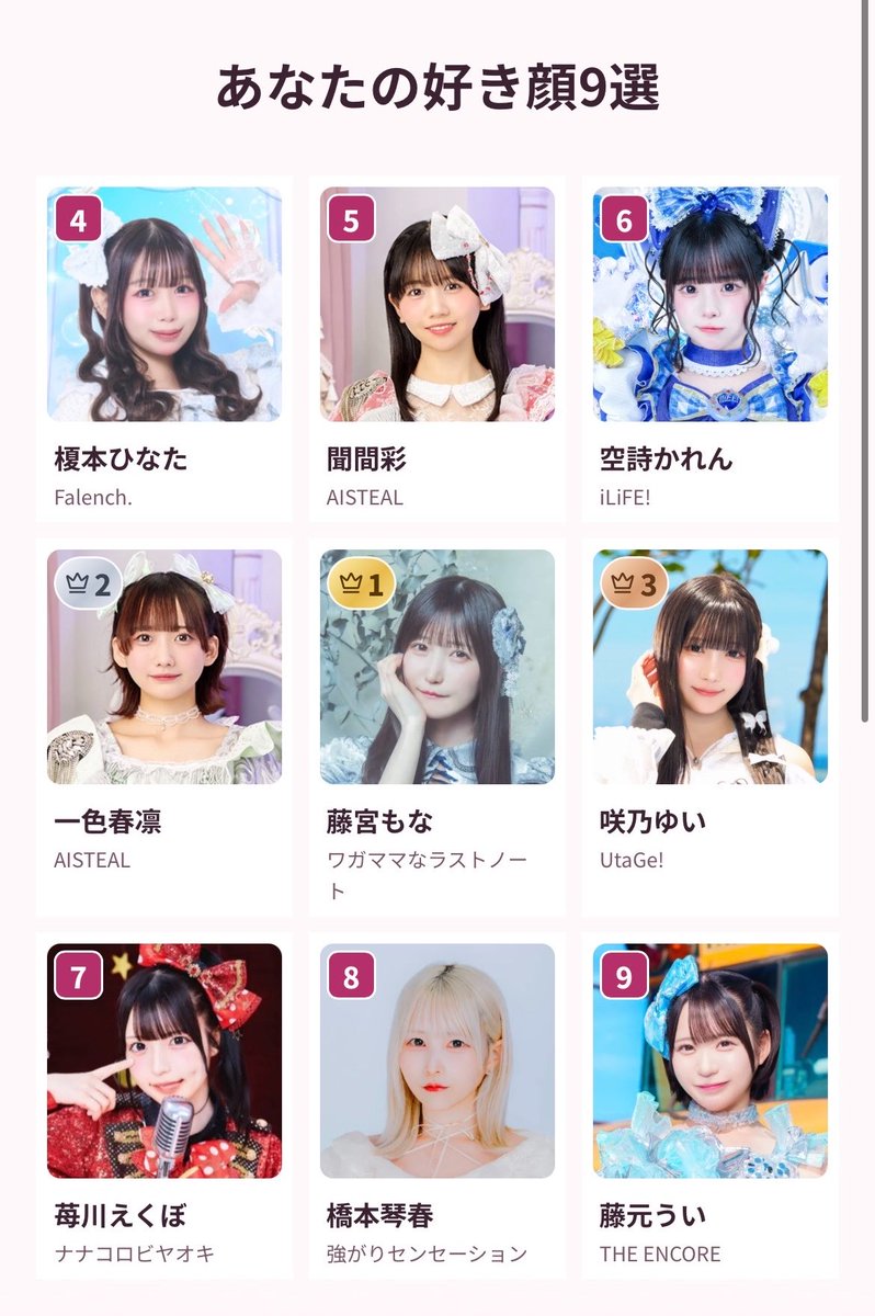 temakitsuya's tweet photo. わたしの女ドル好き顔9選
1位 藤宮もな
2位 一色春凛
3位 咲乃ゆい
4位 榎本ひなた
5位 聞間彩
6位 空詩かれん
7位 苺川えくぼ
8位 橋本琴春
9位 藤元うい
https://t.co/7mrb9z95yl https://t.co/eUVQ5ZgHv4