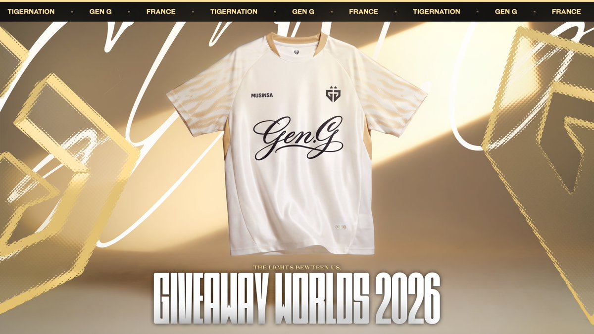 GenG_France's tweet photo. 🎁 CONCOURS - 1 Maillot Worlds 2026

Pour participer :
✅ Suivre @GenG_France 
🔁 RT ce post
💬 Mentionner un(e) ami(e) en commentaire

📅 Tirage au sort le 30 Septembre*.

👉 Toutes les informations importantes en commentaire.

#Tigernation #GenG https://t.co/MuOMayusFT