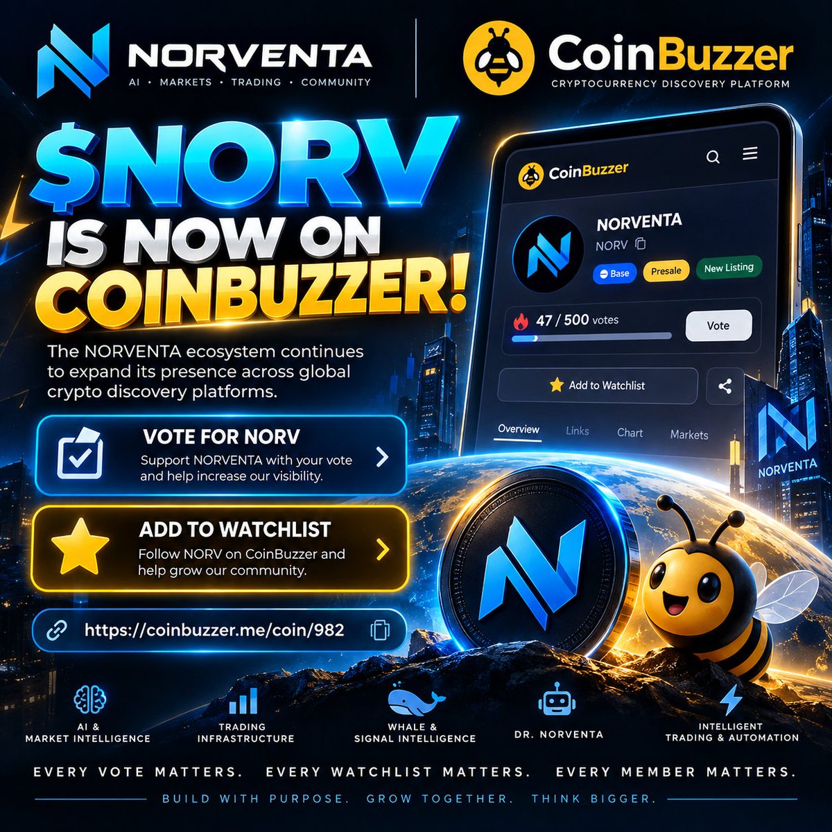 NORVToken's tweet photo. 🚀 $NORV IS NOW ON COINBUZZER!

The NORVENTA ecosystem continues to expand its presence across crypto discovery platforms. 🌐

Now it's time for the community to make some noise. 🔥

🗳️ Vote for $NORV
⭐ Add NORV to your Watchlist
🌐 Help expand NORVENTA's visibility

Support us here:
https://t.co/BdRz5DUCP8

Every vote matters.
Every watchlist matters.
Every new supporter strengthens the ecosystem.

Let's grow together. 🚀

#NORVENTA #NORV #Crypto #Web3 #Base